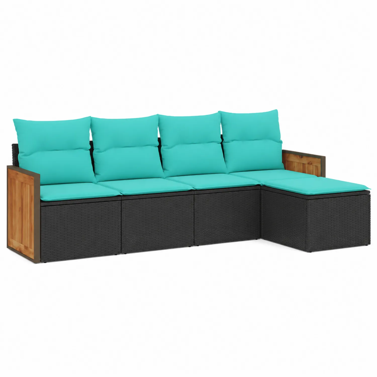 Sofá modular en L de ratán y madera con cojines turquesa-Fjordlivingco
