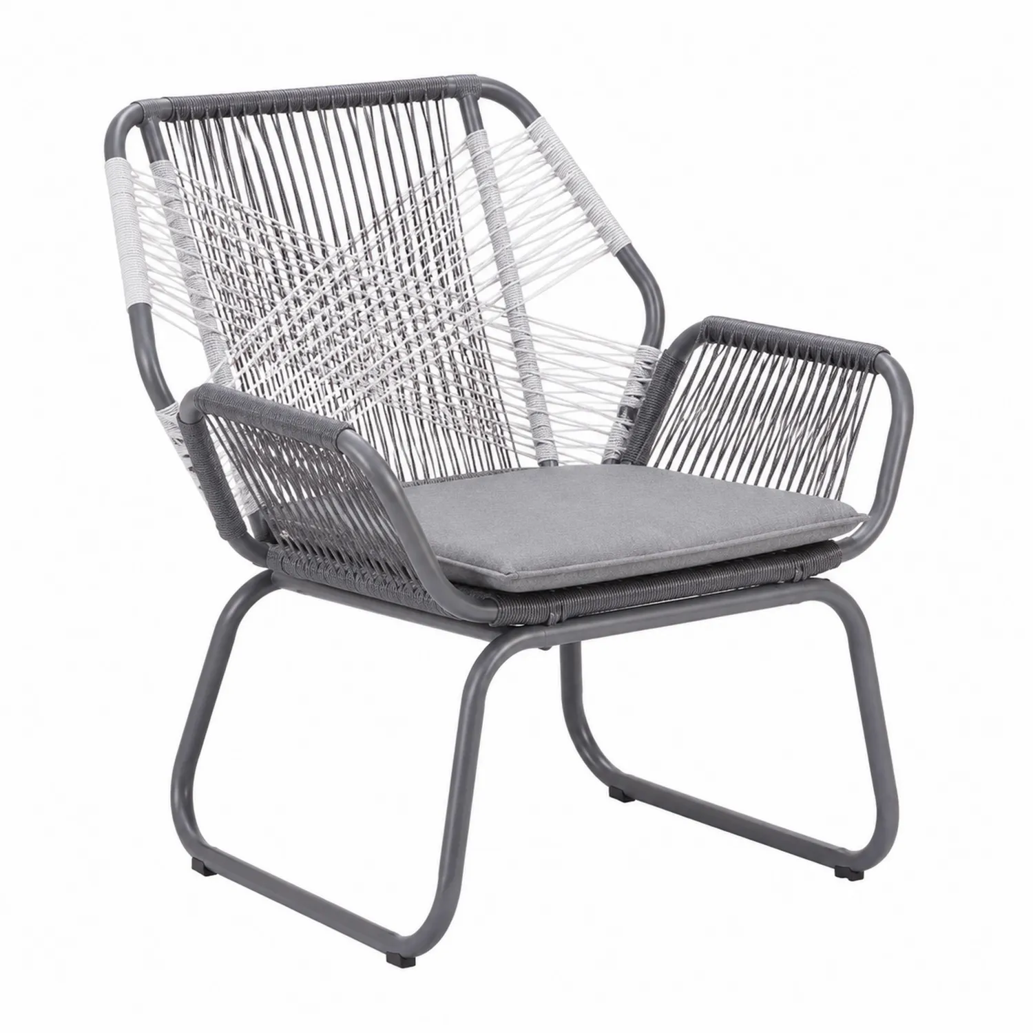 Sillón de exterior de acero y cuerda trenzada Gris y Blanco-Fjordlivingco