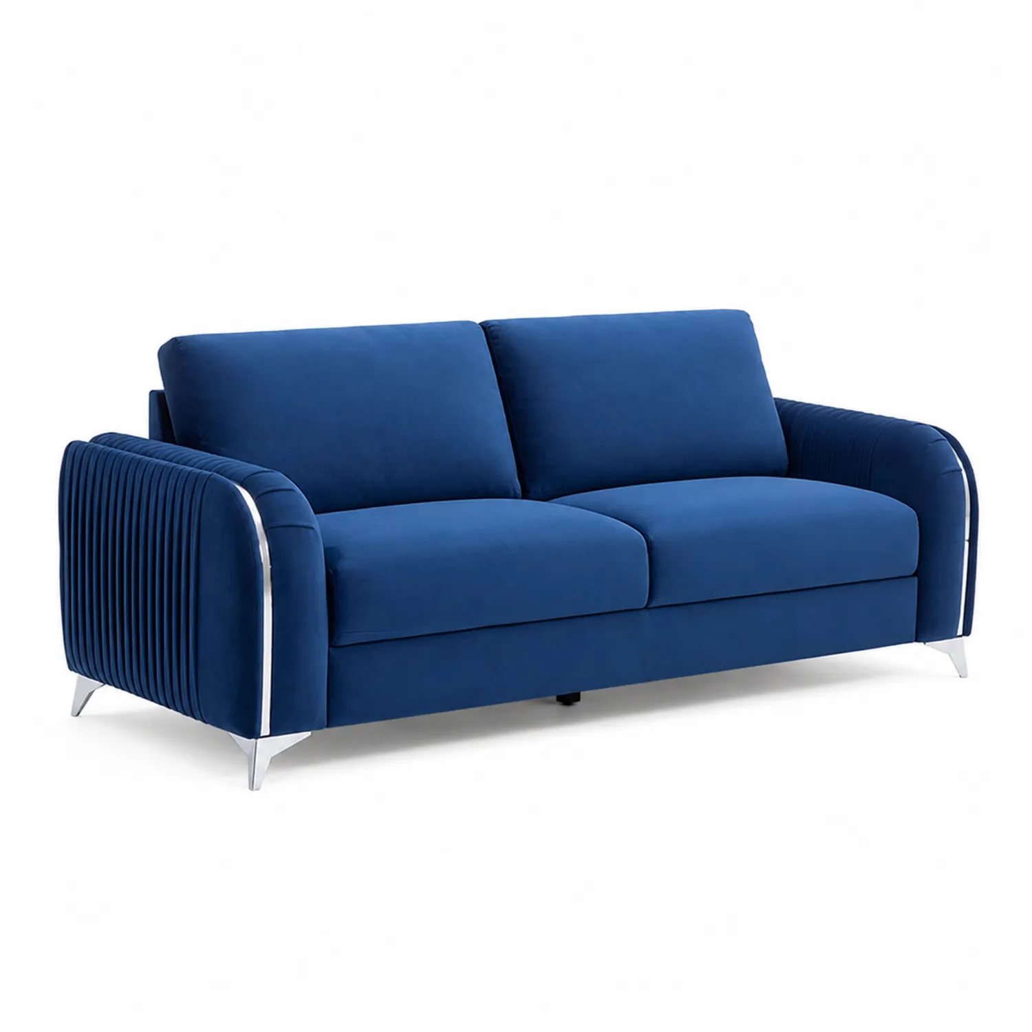 Sofá de terciopelo azul con patas metálicas, dimensiones 190x85x85 cm-Fjordlivingco