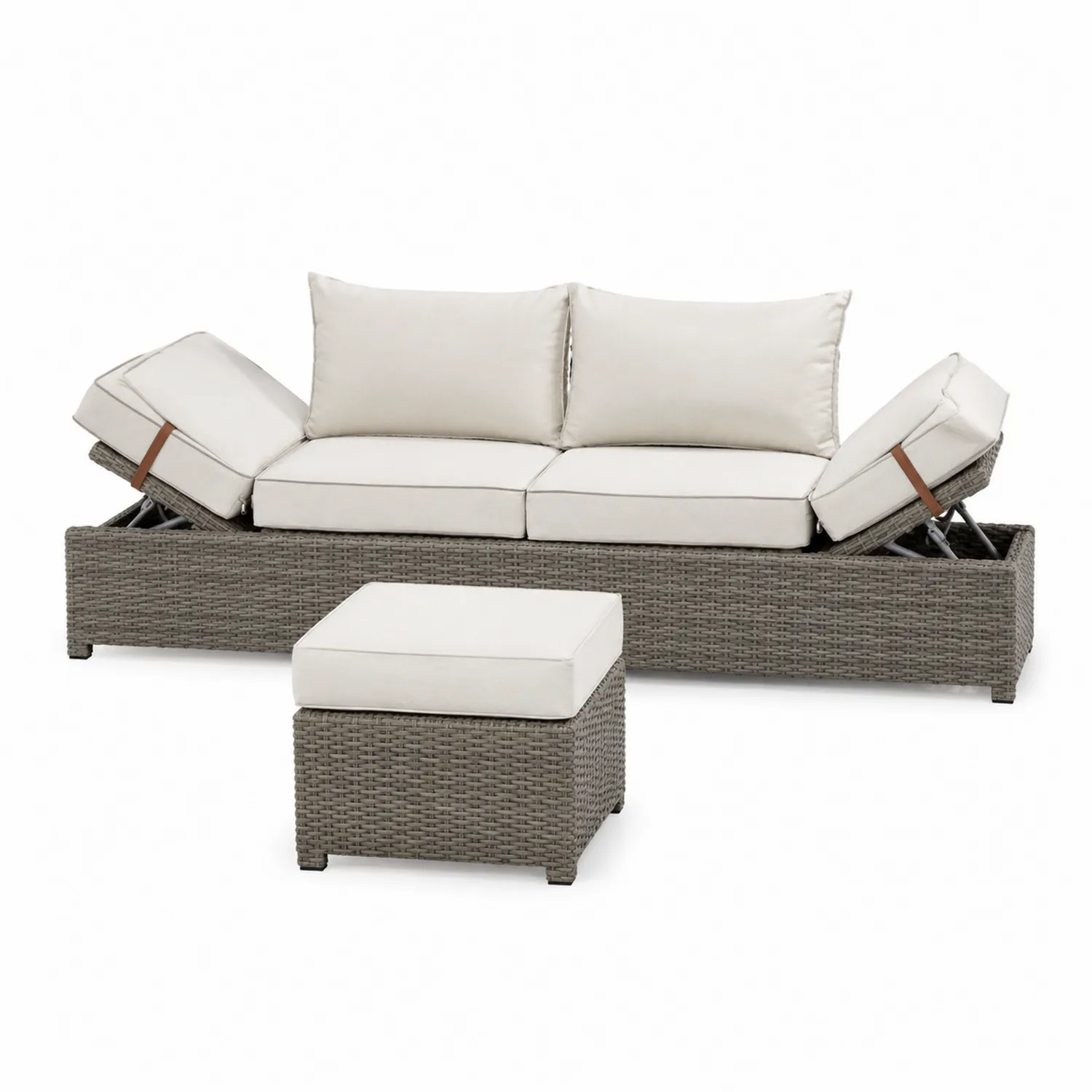 Sofá modular en ratán sintético gris con cojines de espuma crema-Fjordlivingco