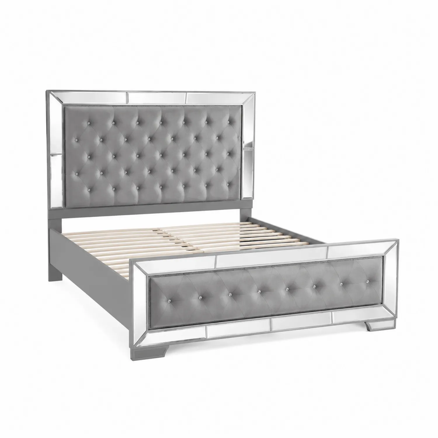 Cama doble gris con cabecera tapizada y detalles de espejo-Fjordlivingco