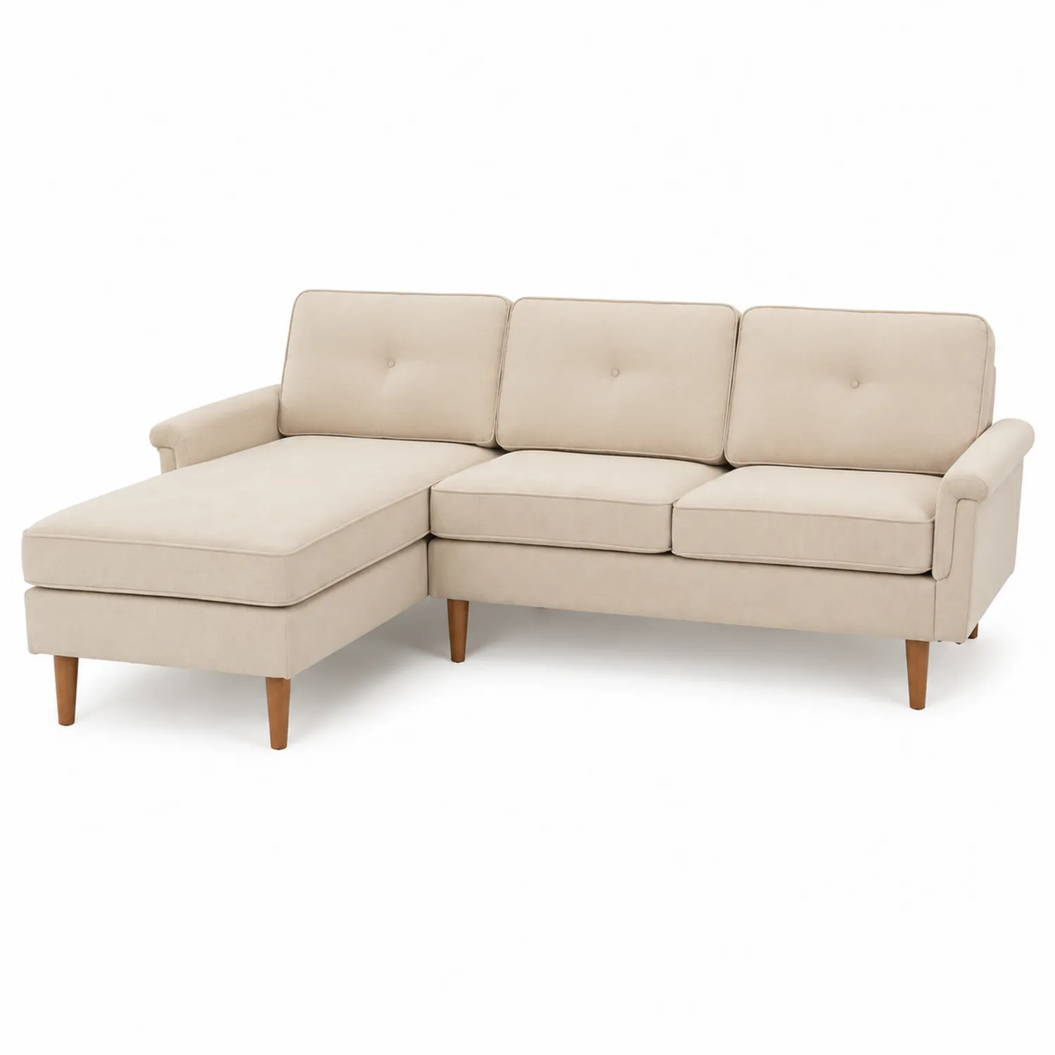 Sofá seccional en L de poliéster beige con chaise longue y patas de madera-Fjordlivingco