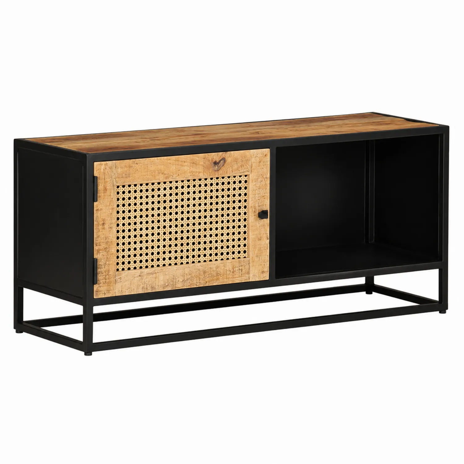 Mueble de TV de madera de mango y metal negro con puerta de ratán 120x40x50 cm-Fjordlivingco