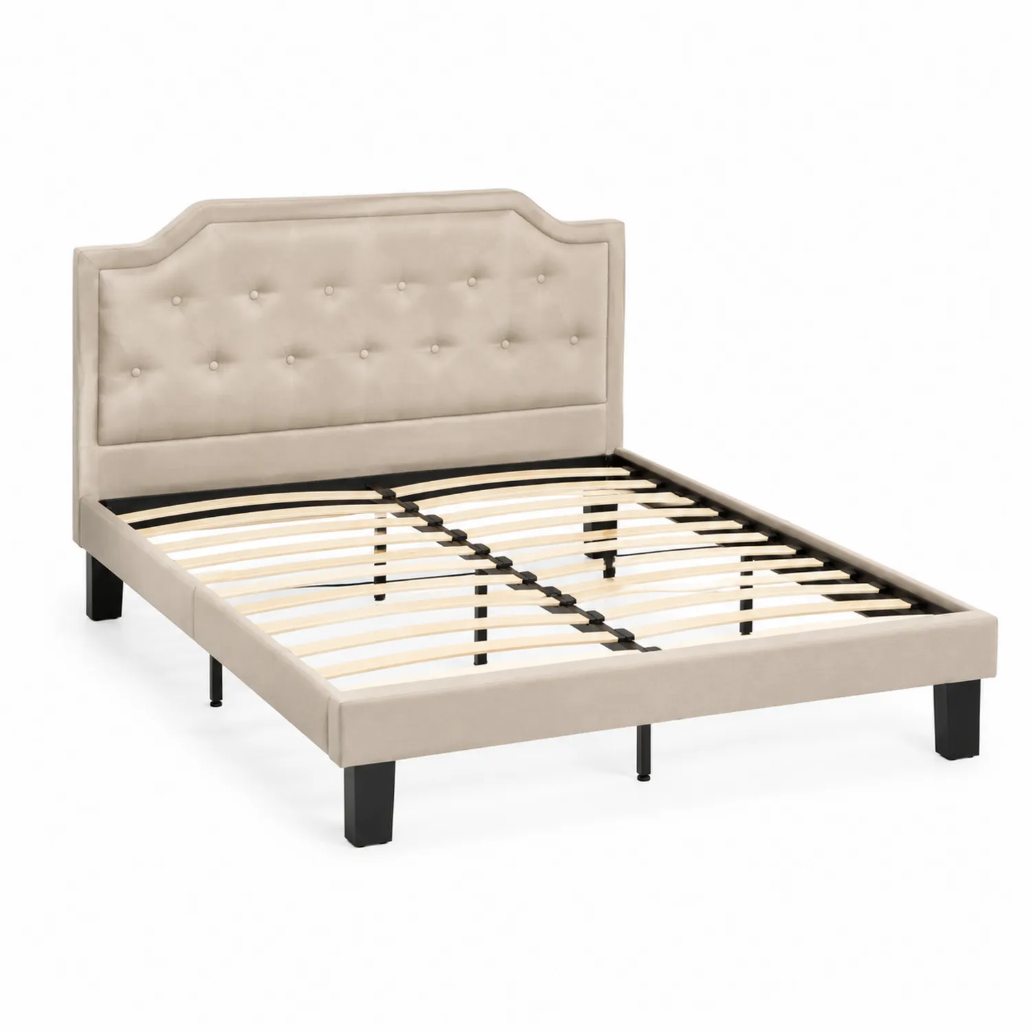 Cama con cabecero tapizado de tela Beige 200x150x95 cm estructura metálica-Fjordlivingco