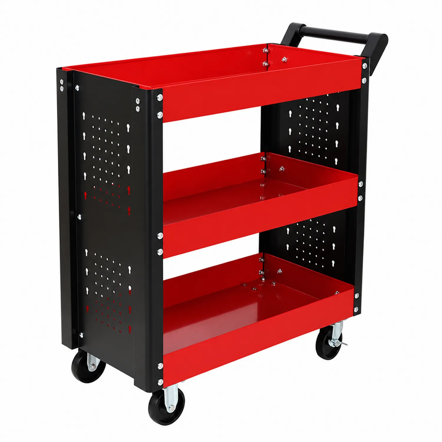 Carro de herramientas de metal negro y rojo con 3 estantes 75x30x78cm-Fjordlivingco