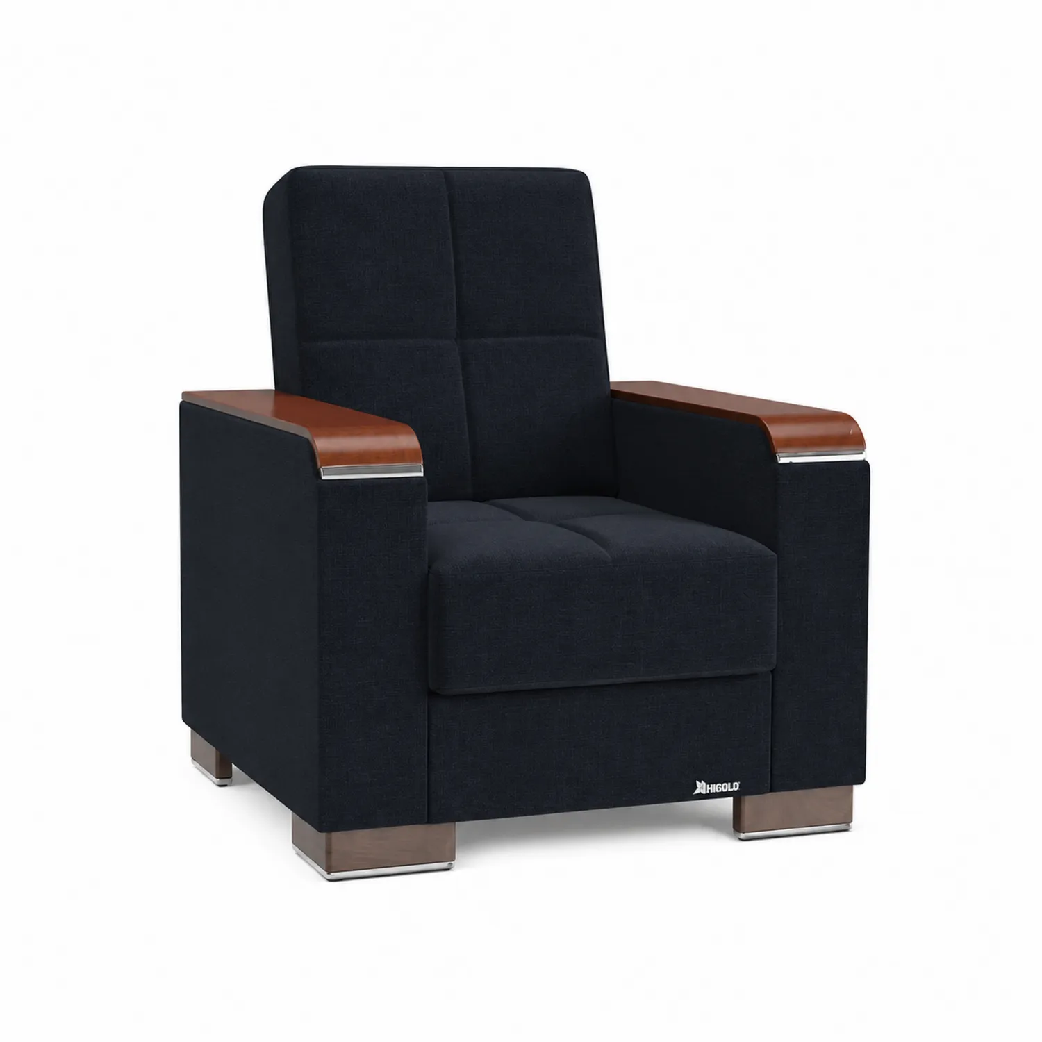 Butaca de tela negra con reposabrazos de madera y patas de metal-Fjordlivingco