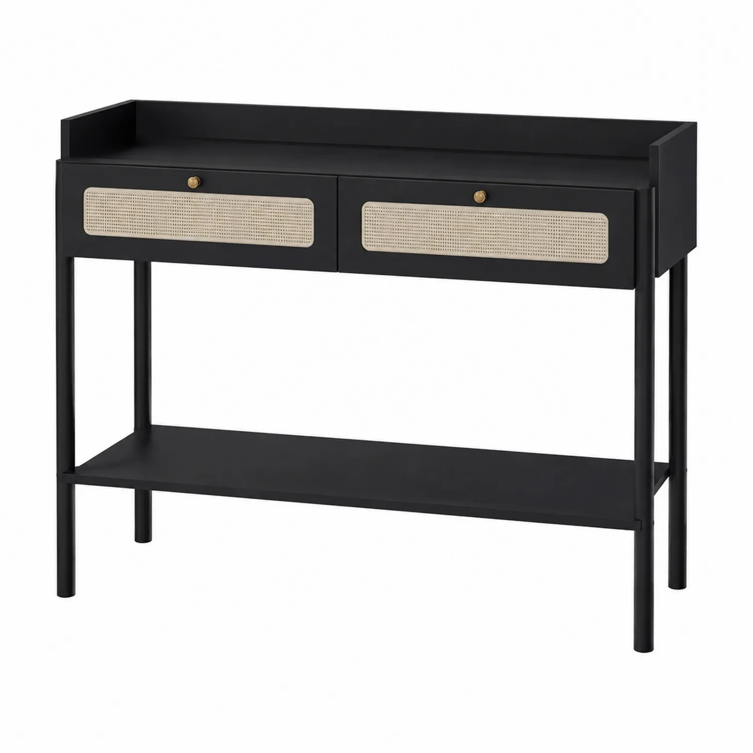Mesa consola de metal negra con cajones de mimbre 100x30x80 cm-Fjordlivingco