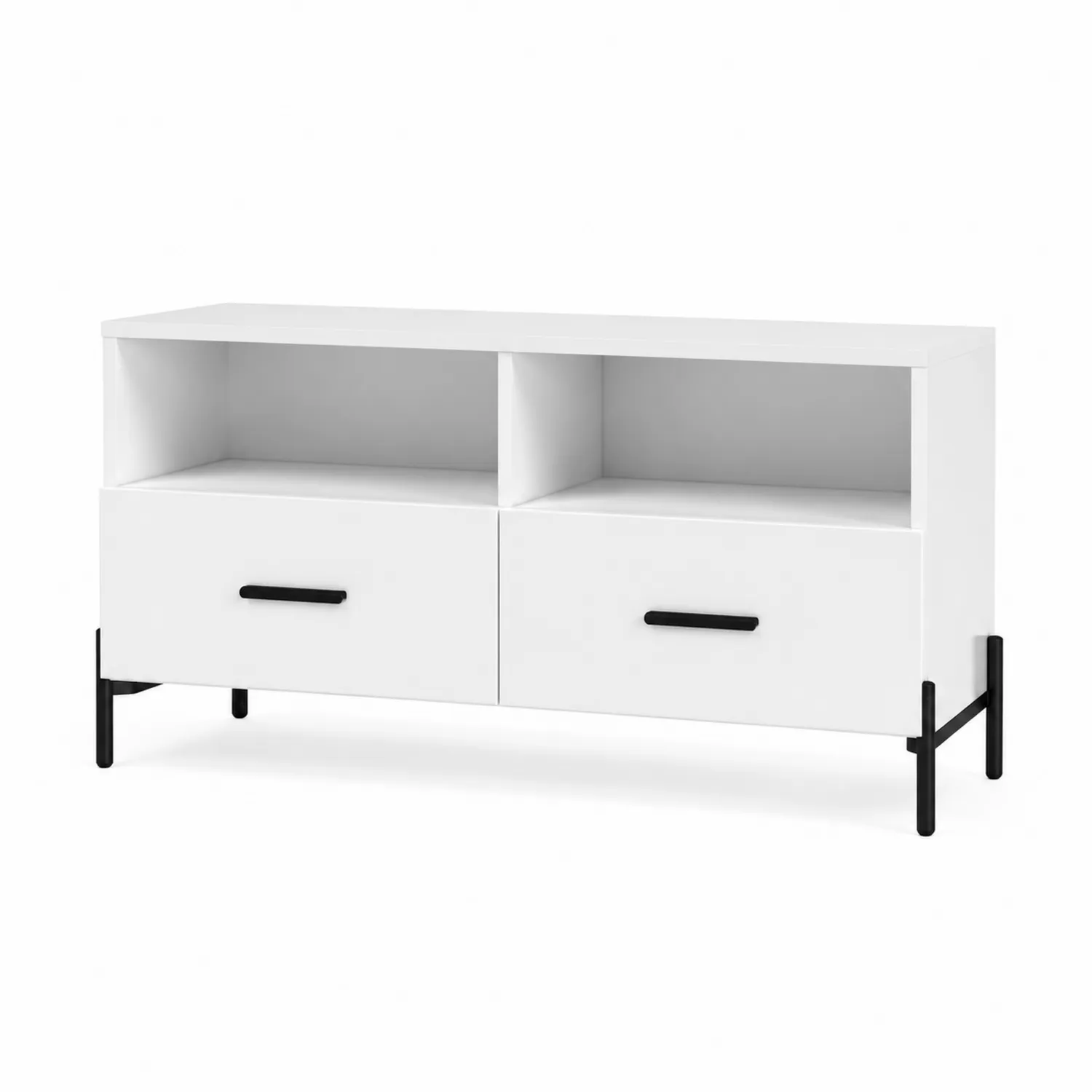 Mueble de TV de MDF Blanco con Estantes y Cajones de Metal-Fjordlivingco