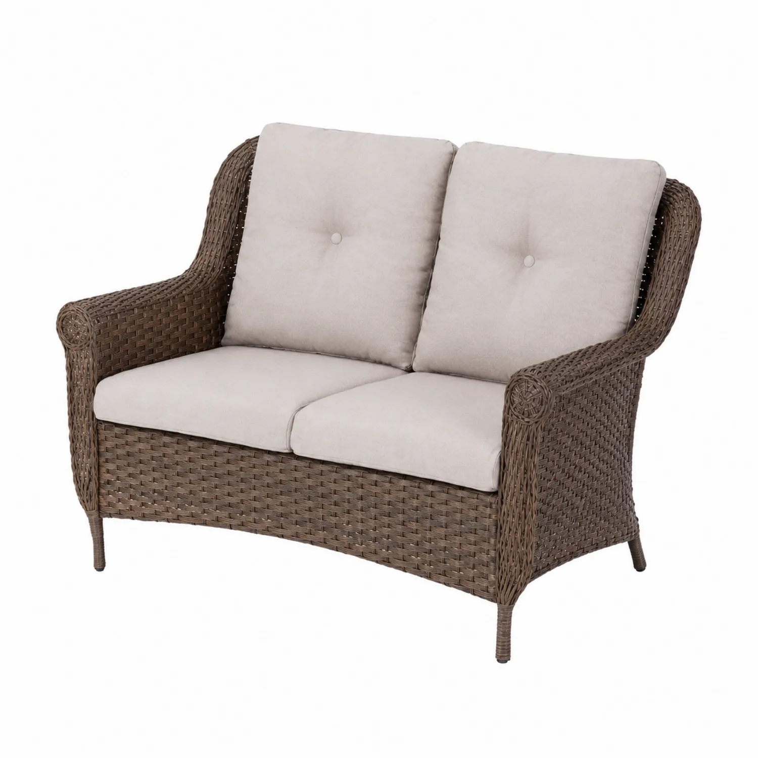 Sofá de ratán sintético marrón con cojines de poliéster beige-Fjordlivingco