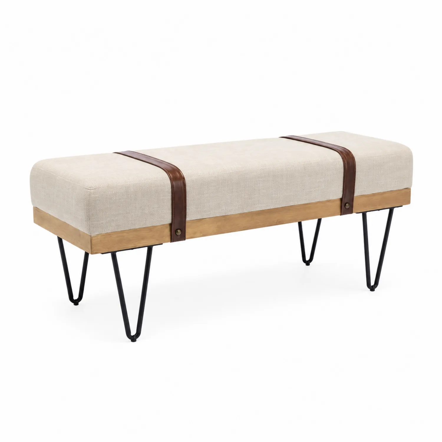Banco de lino poliéster beige con patas metálicas y base de madera-Fjordlivingco