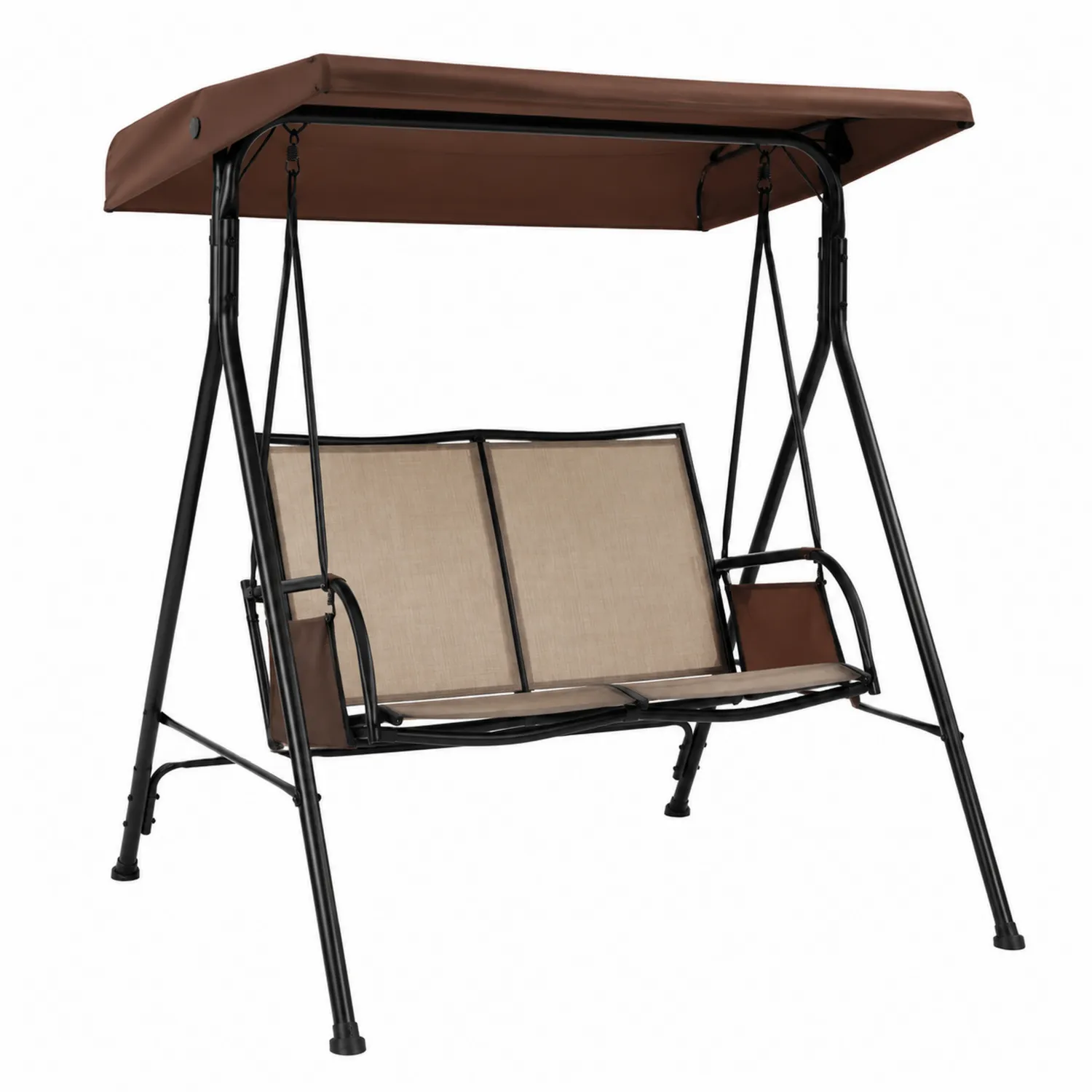 Columpio de porche con estructura de acero y toldo ajustable, color Marrón y Beige-Fjordlivingco
