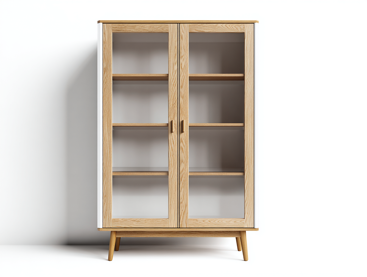 Estanterías madera 100x45x180 cm natural y blanco con puertas de vidrio para salón y entrada - diseño moderno-Sofamyloft