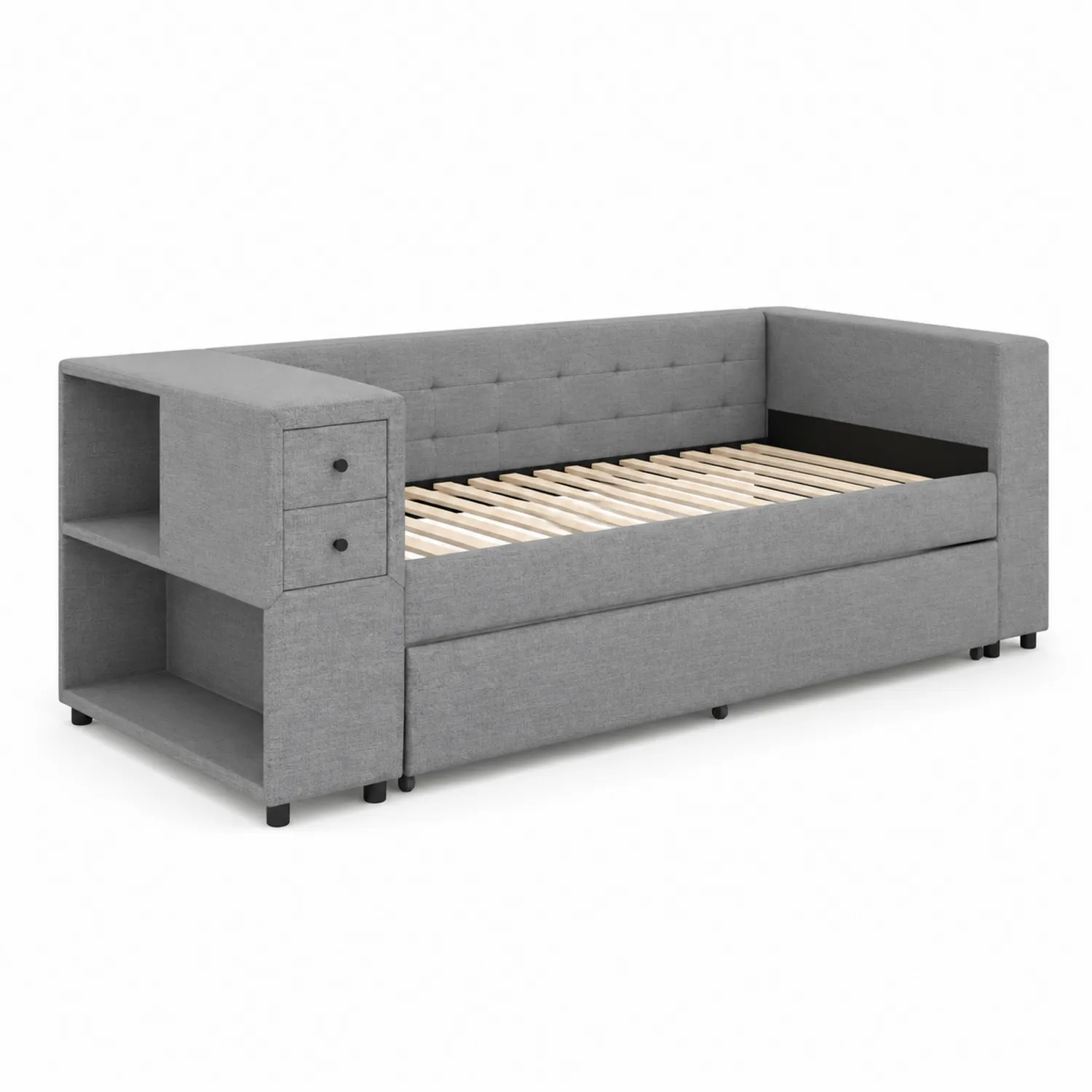 Canapé-lit gris avec rangement intégré en bois et tissu polyester