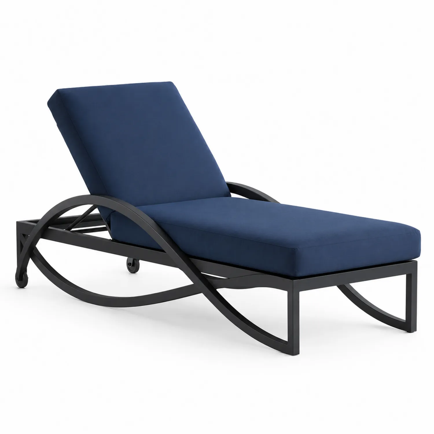 Chaise longue en métal noir avec coussin en polyester bleu