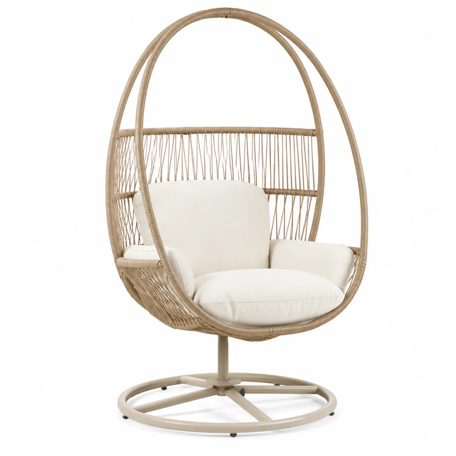 Fauteuil Œuf en Osier Synthétique Beige avec Coussins en Polyester Blanc