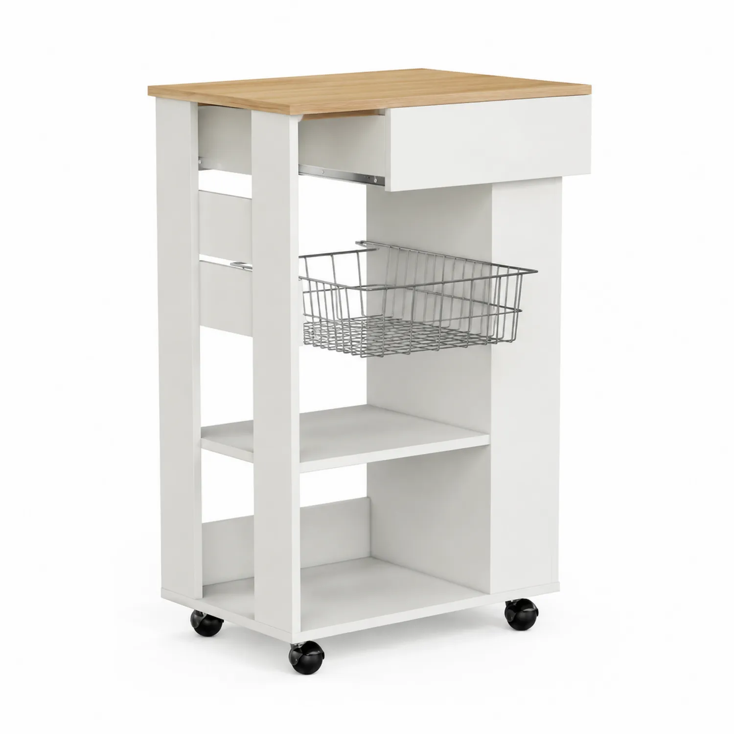 Chariot de cuisine blanc avec plateau en bois et panier en métal, 60x40x90 cm