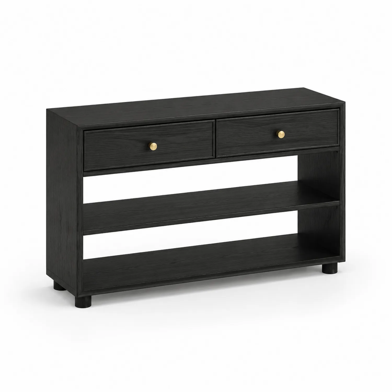 Console en bois noir avec tiroirs et étagères