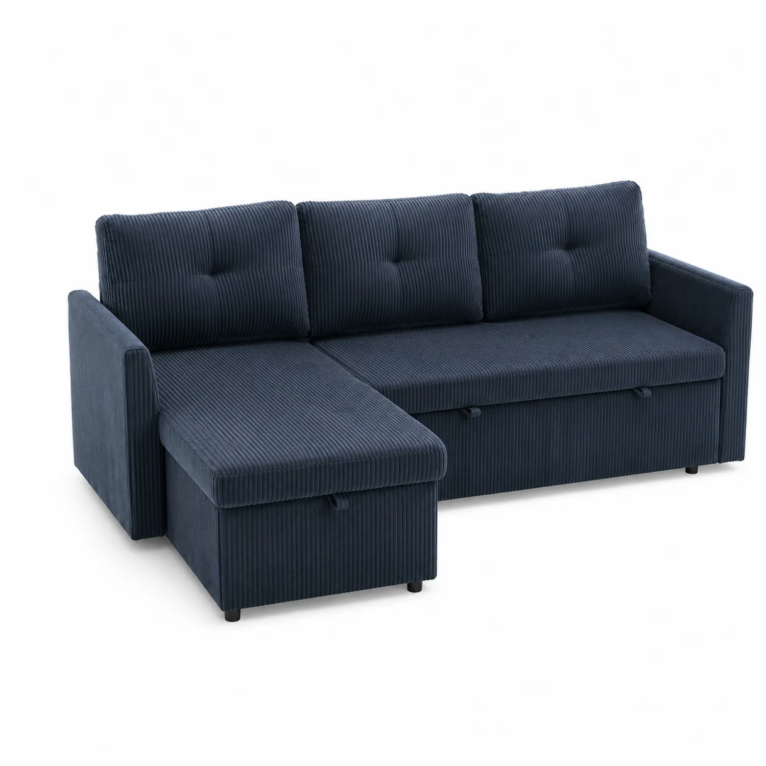 Canapé d'angle en tissu côtelé bleu avec rangement