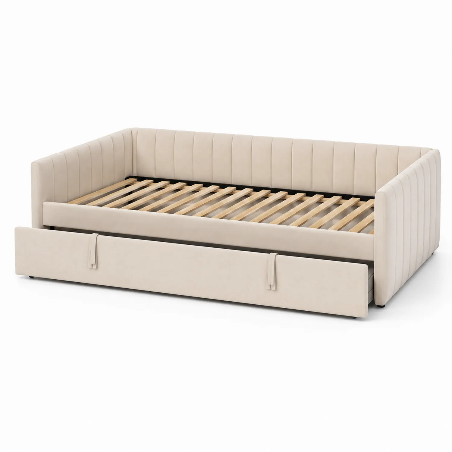 Lit de jour en tissu avec tiroir en bois et polyester beige 200x90 cm