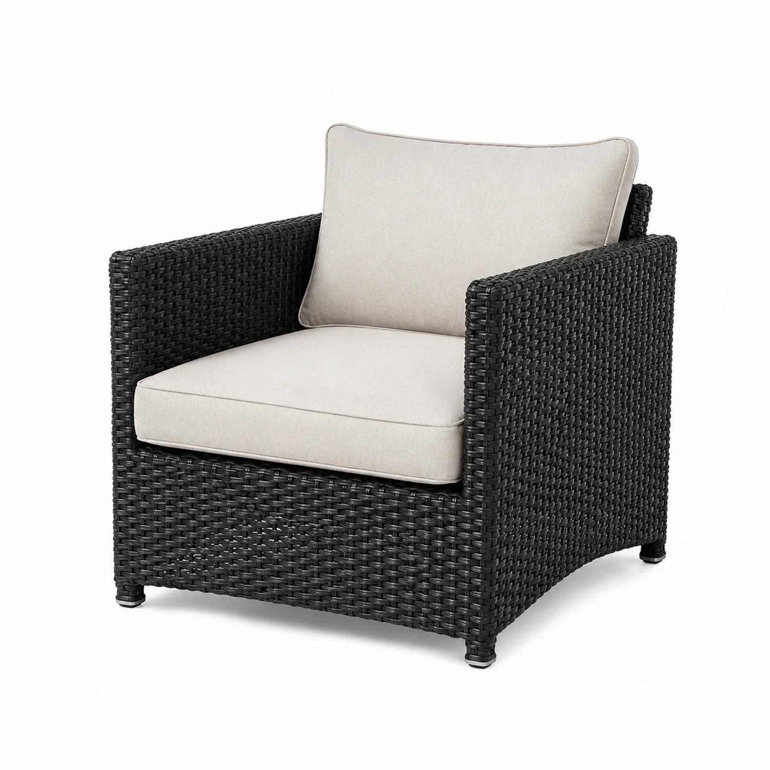 Fauteuil en résine tressée noir avec coussins en tissu polyester beige