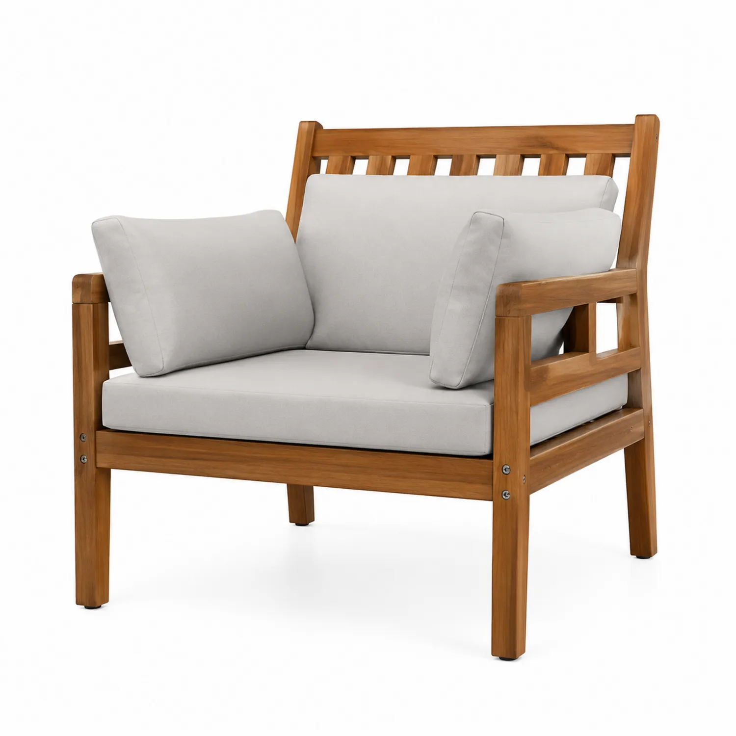 Fauteuil en bois de teck avec coussins en polyester gris