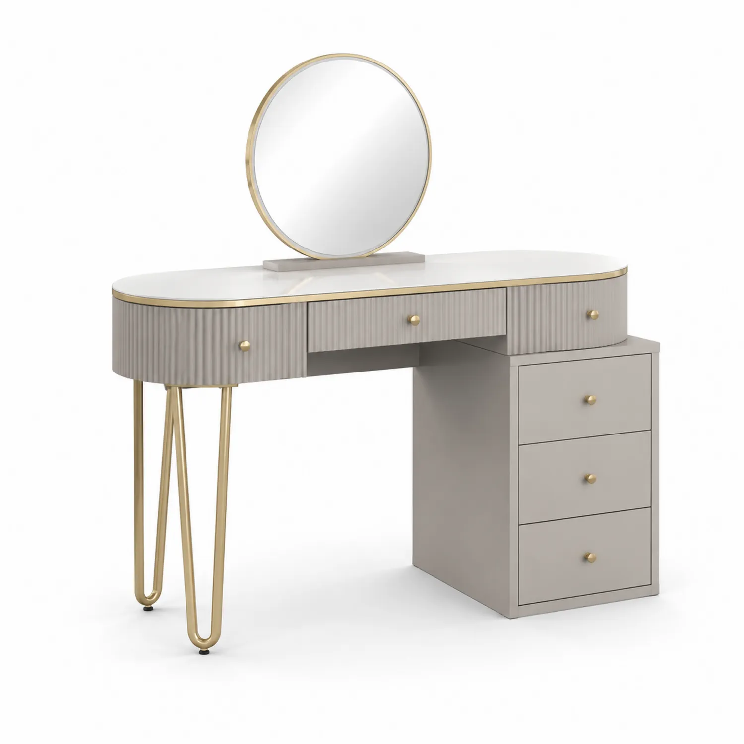Coiffeuse en bois MDF avec miroir rond et tiroirs gris et or