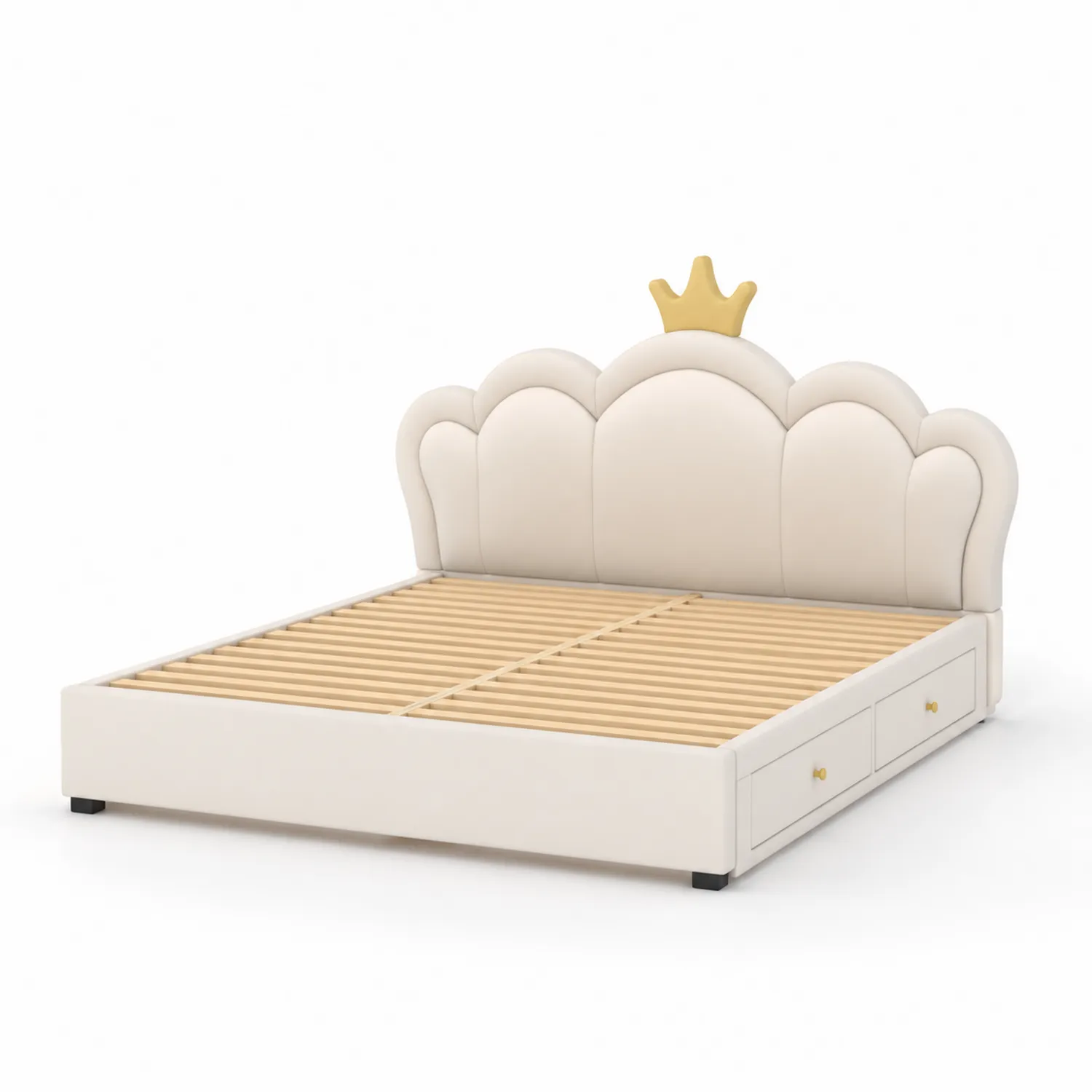 Lit double avec rangement en bois et similicuir crème