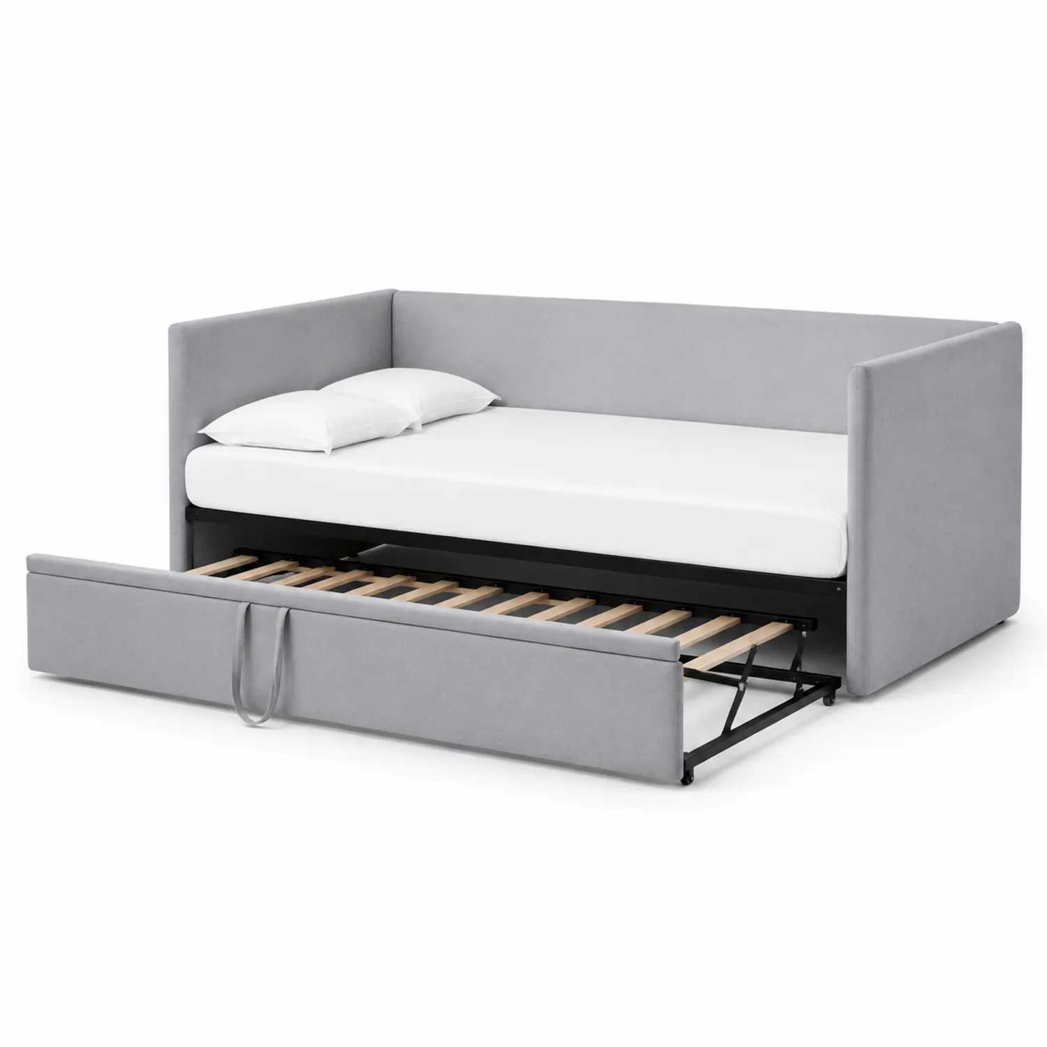 Canapé-lit gigogne en bois et métal avec tissu gris, 200 cm