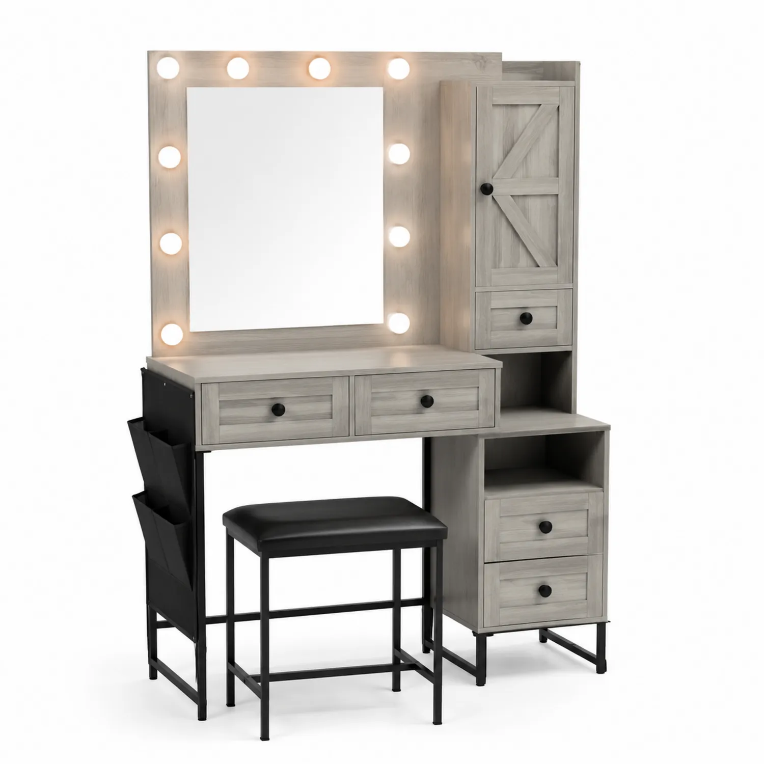 Coiffeuse en Bois Gris avec Miroir Éclairé LED et Tabouret