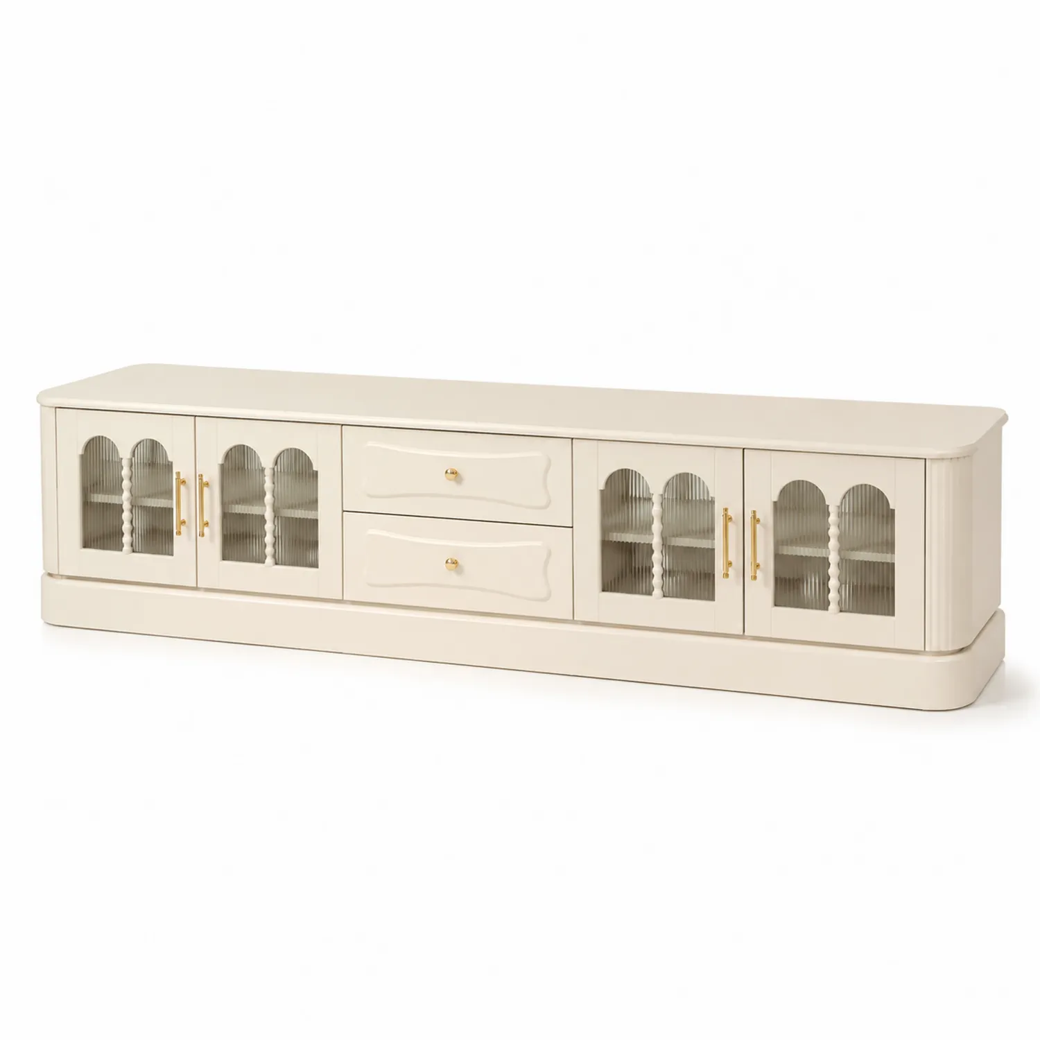 Meuble TV en bois beige avec portes en verre trempé et tiroirs