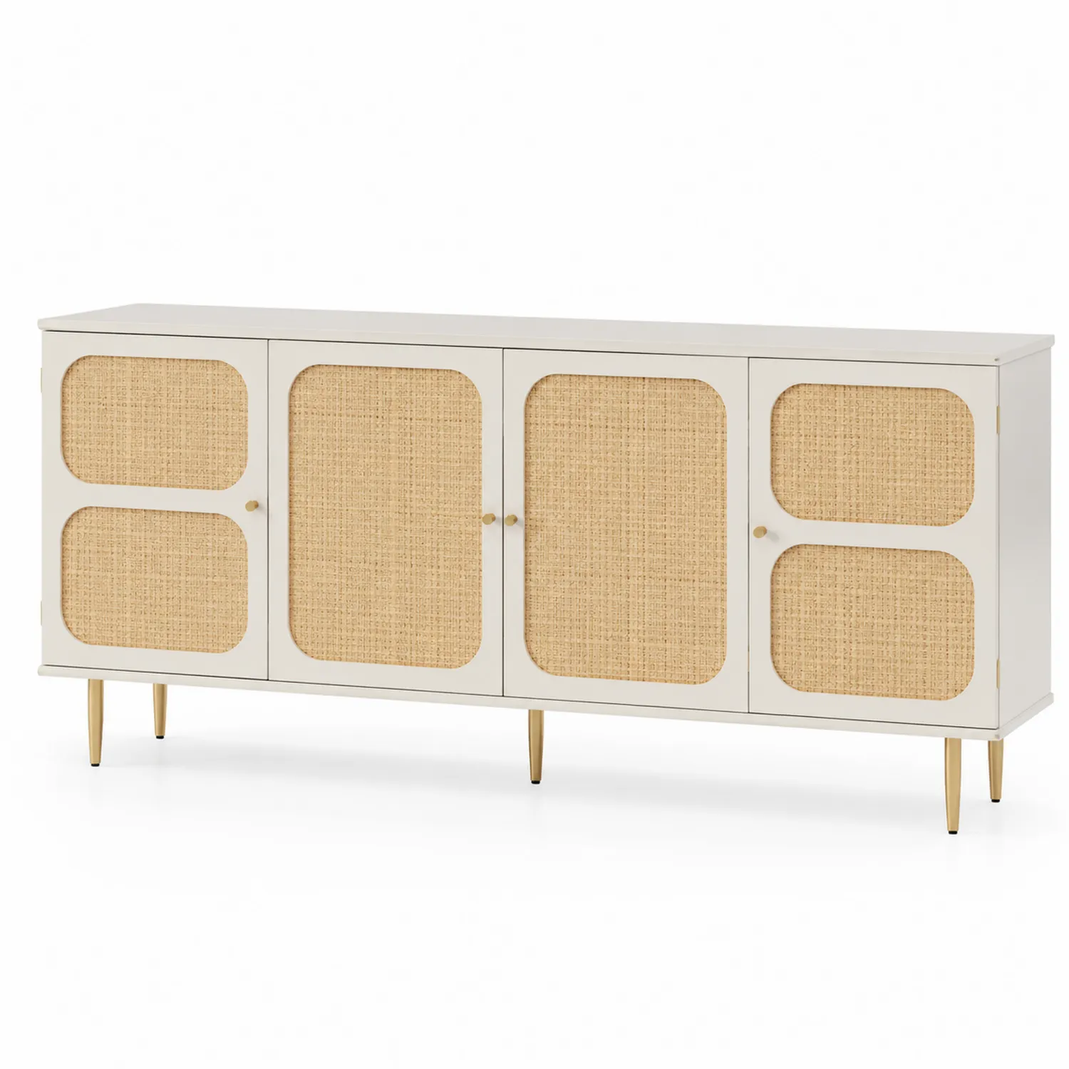 Buffet en bois blanc et osier avec 4 portes