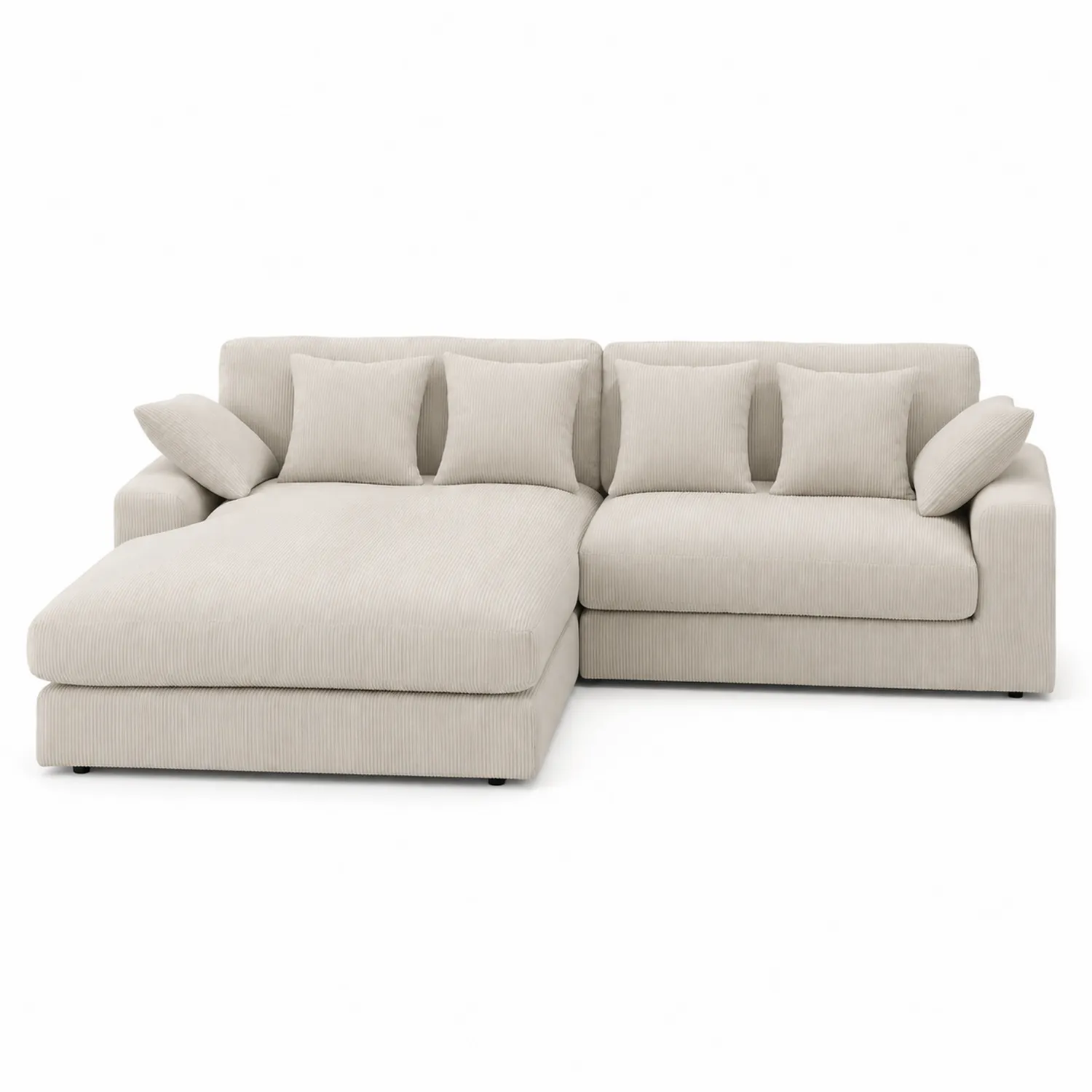 Canapé d'angle en velours côtelé beige avec méridienne et coussins