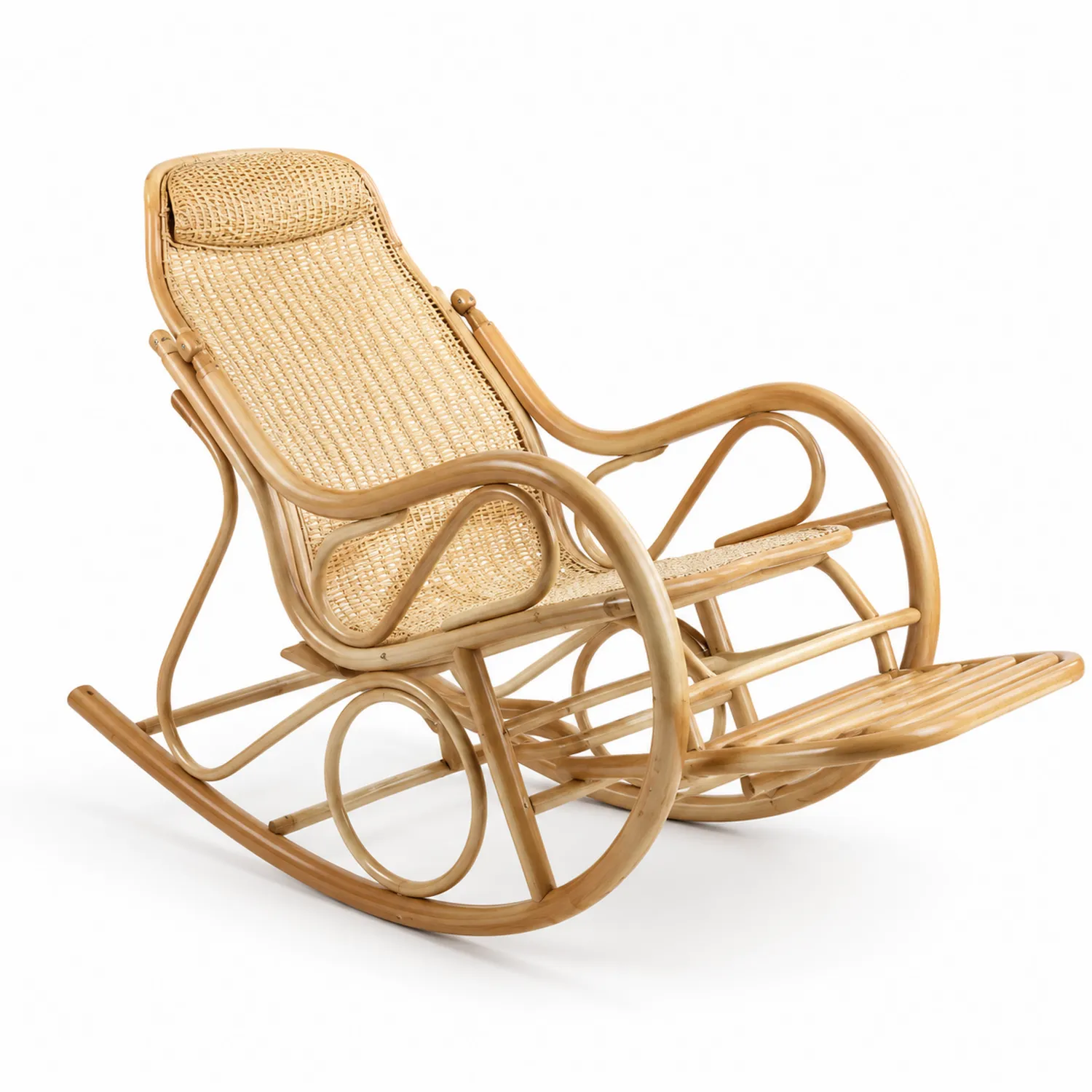 Chaise berçante en rotin et bois