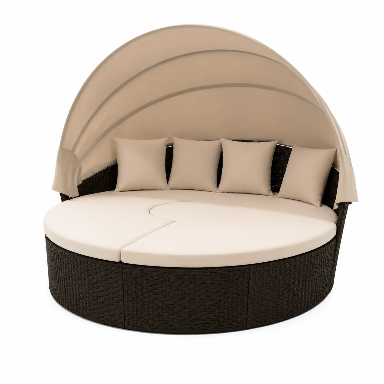Lit de jardin rond en résine tressée avec auvent beige