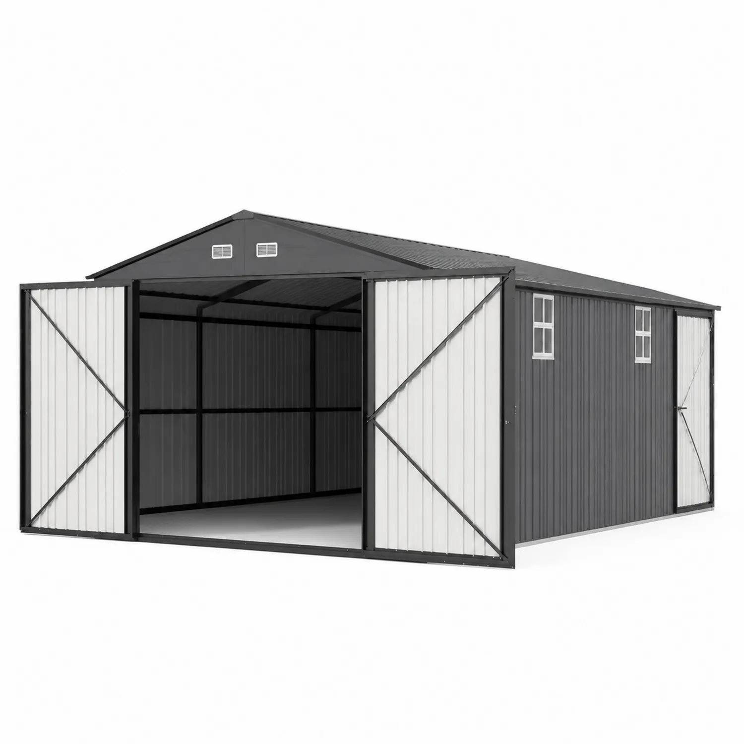 Abri de jardin en métal avec double porte Gris/Blanc 6.5m x 3.7m x 2.6m