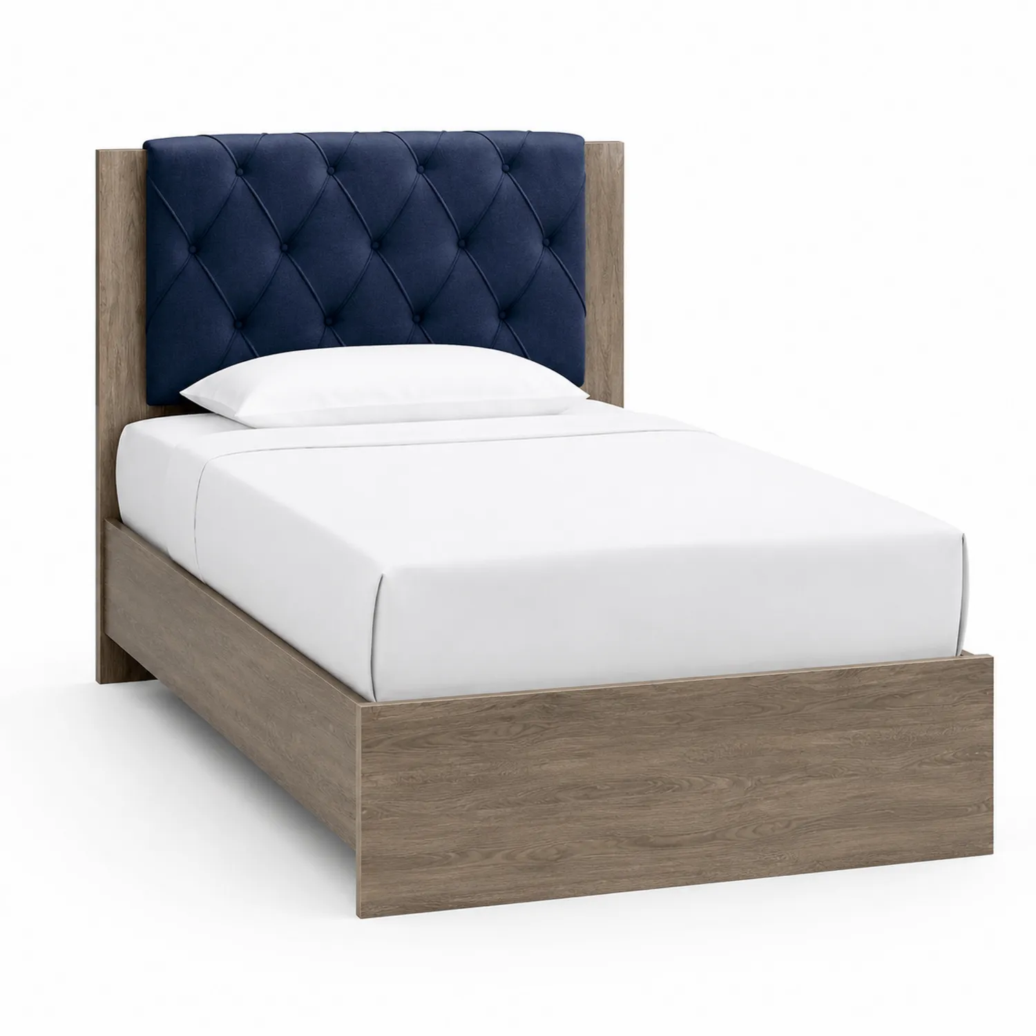Lit simple avec tête de lit en tissu bleu et cadre en chêne