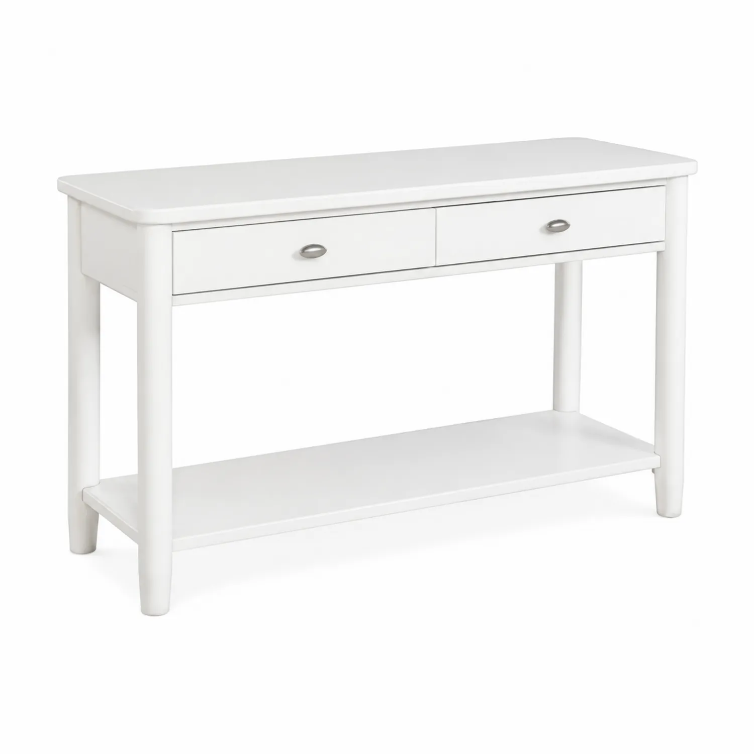 Table console rectangulaire en bois blanc avec 2 tiroirs et étagère
