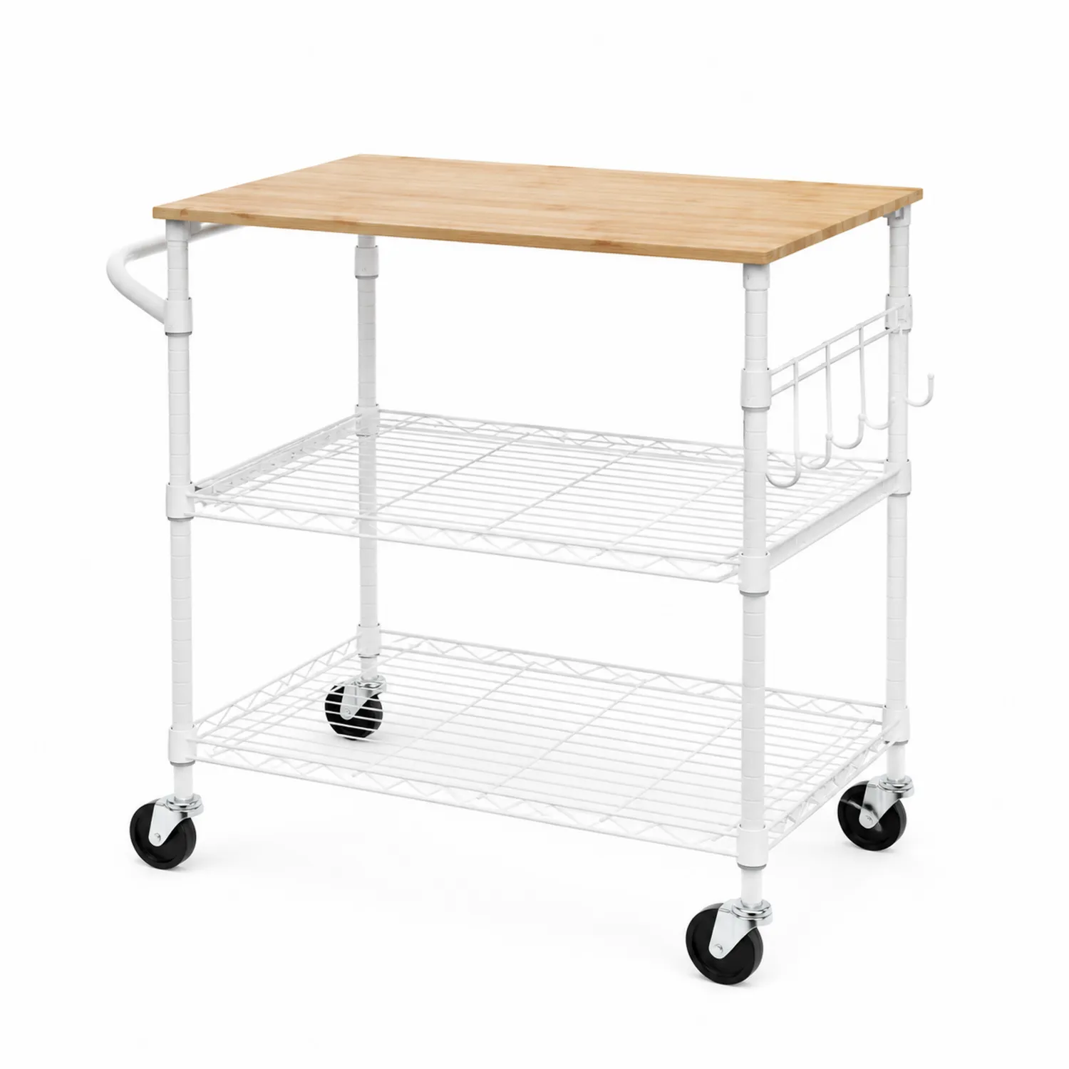 Chariot de cuisine avec plateau en bambou et structure en métal blanc, 3 étagères, roulettes