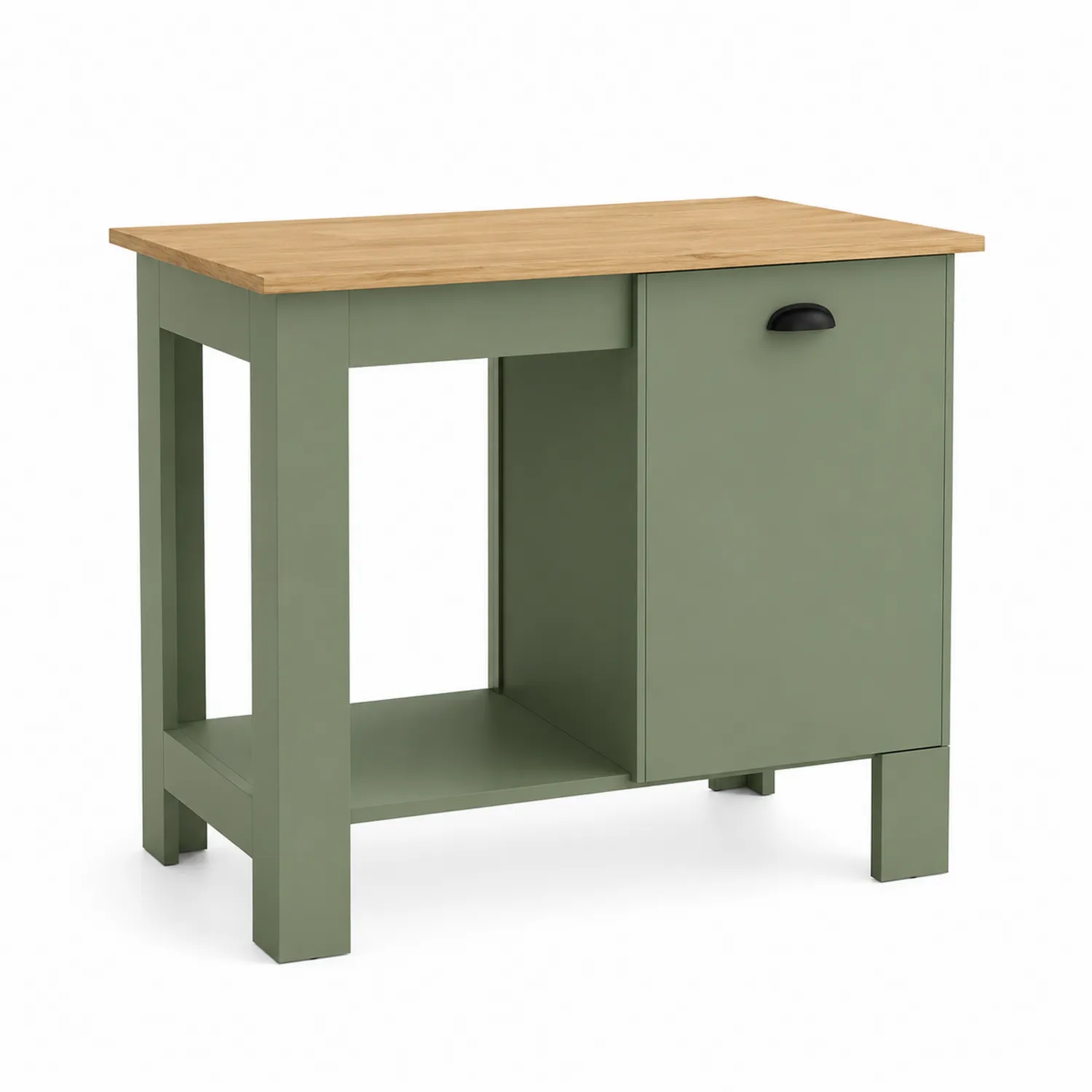 Îlot de cuisine vert avec plateau en chêne