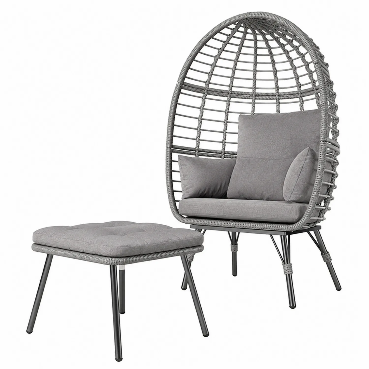 Fauteuil en rotin avec repose-pieds en tissu gris