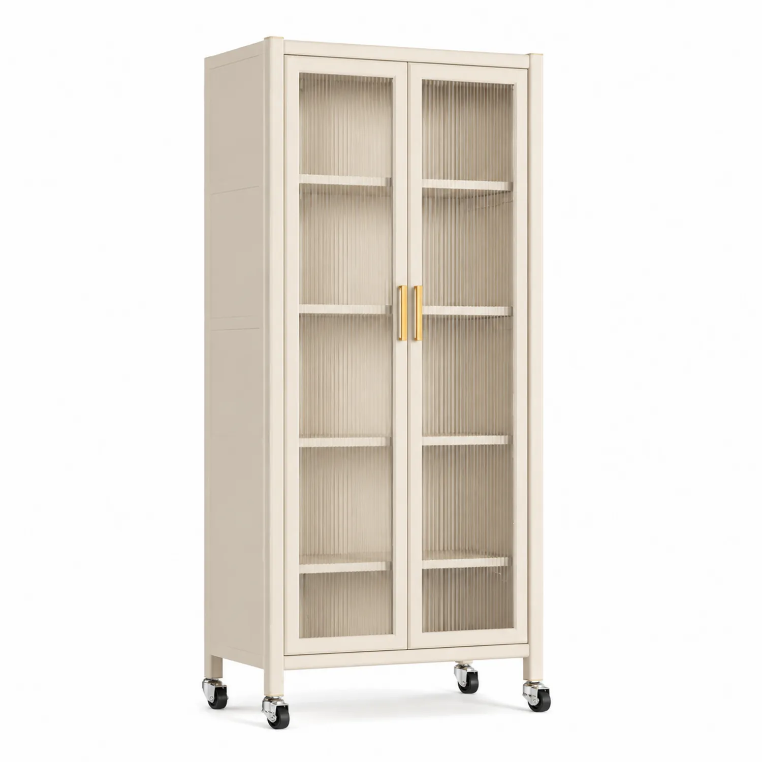Armoire vitrine métallique avec portes en verre cannelé et roulettes 180x60x45 cm