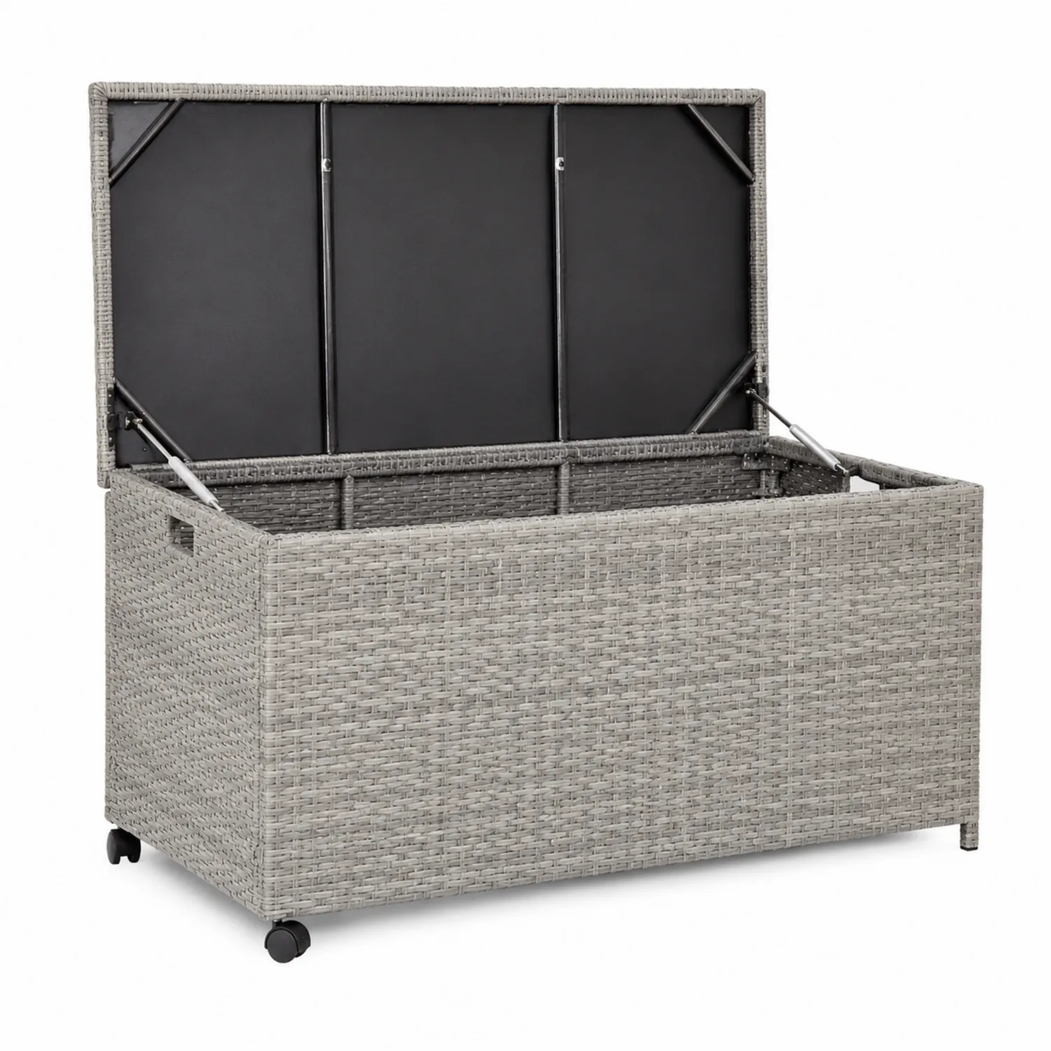 Coffre de rangement en rotin synthétique gris avec roulettes 120x50x60 cm