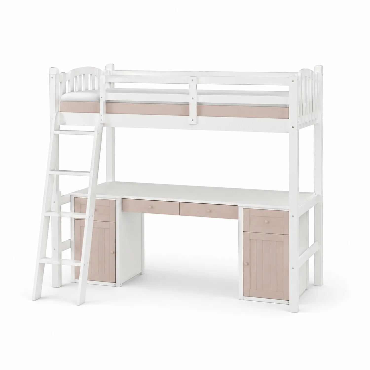 Lit mezzanine avec bureau intégré en bois Blanc/Rose