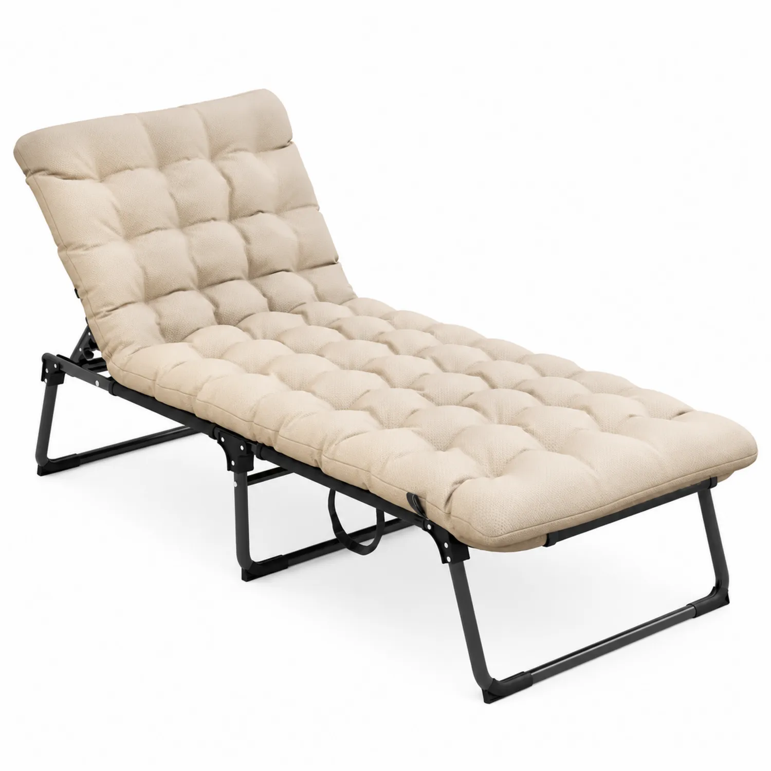 Chaise longue pliante en tissu beige avec cadre en acier