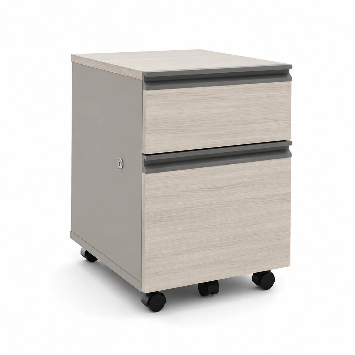 Caisson de bureau à roulettes 2 tiroirs en bois clair et métal gris