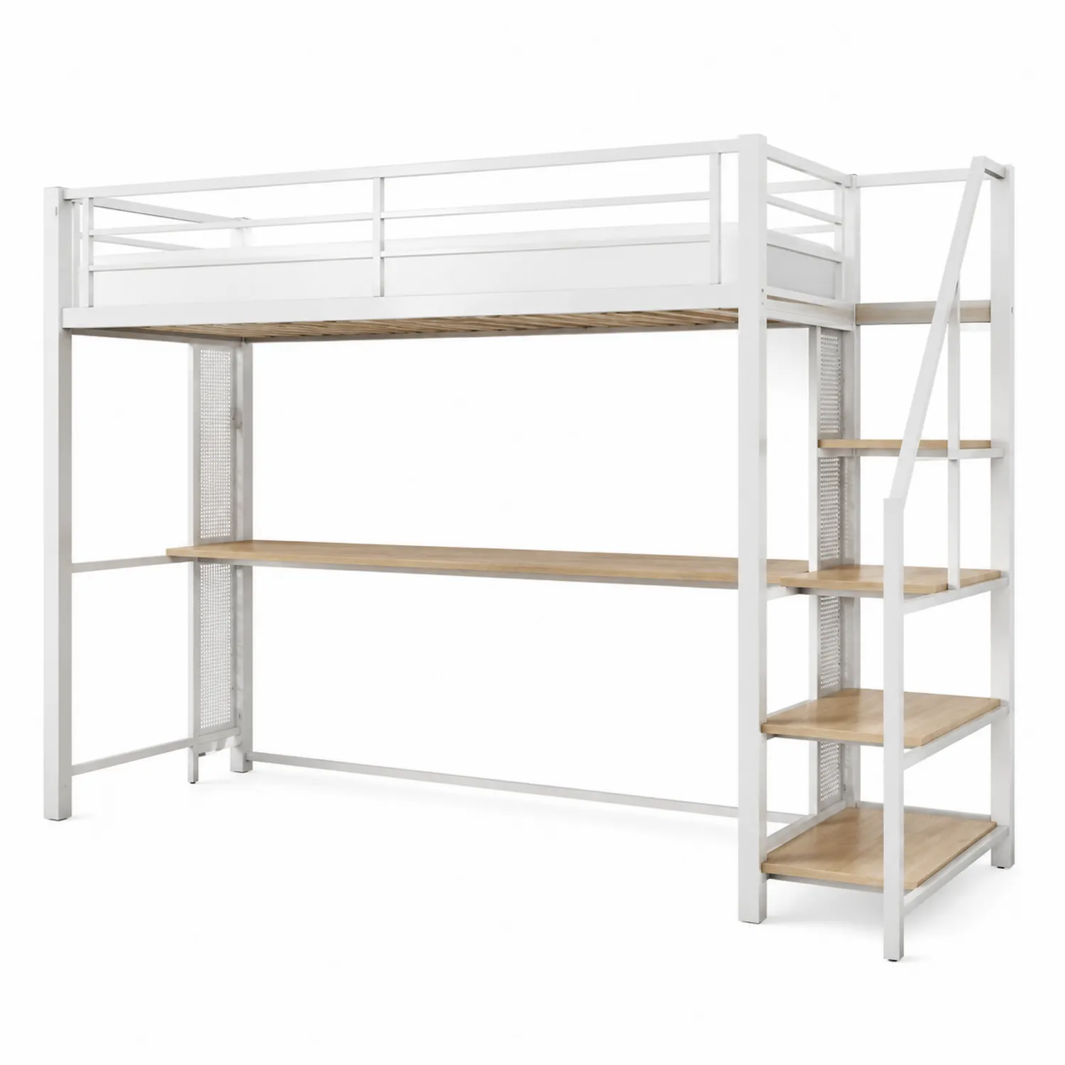 Lit mezzanine en métal blanc avec escalier et bureau intégré en bois massif 200x90 cm