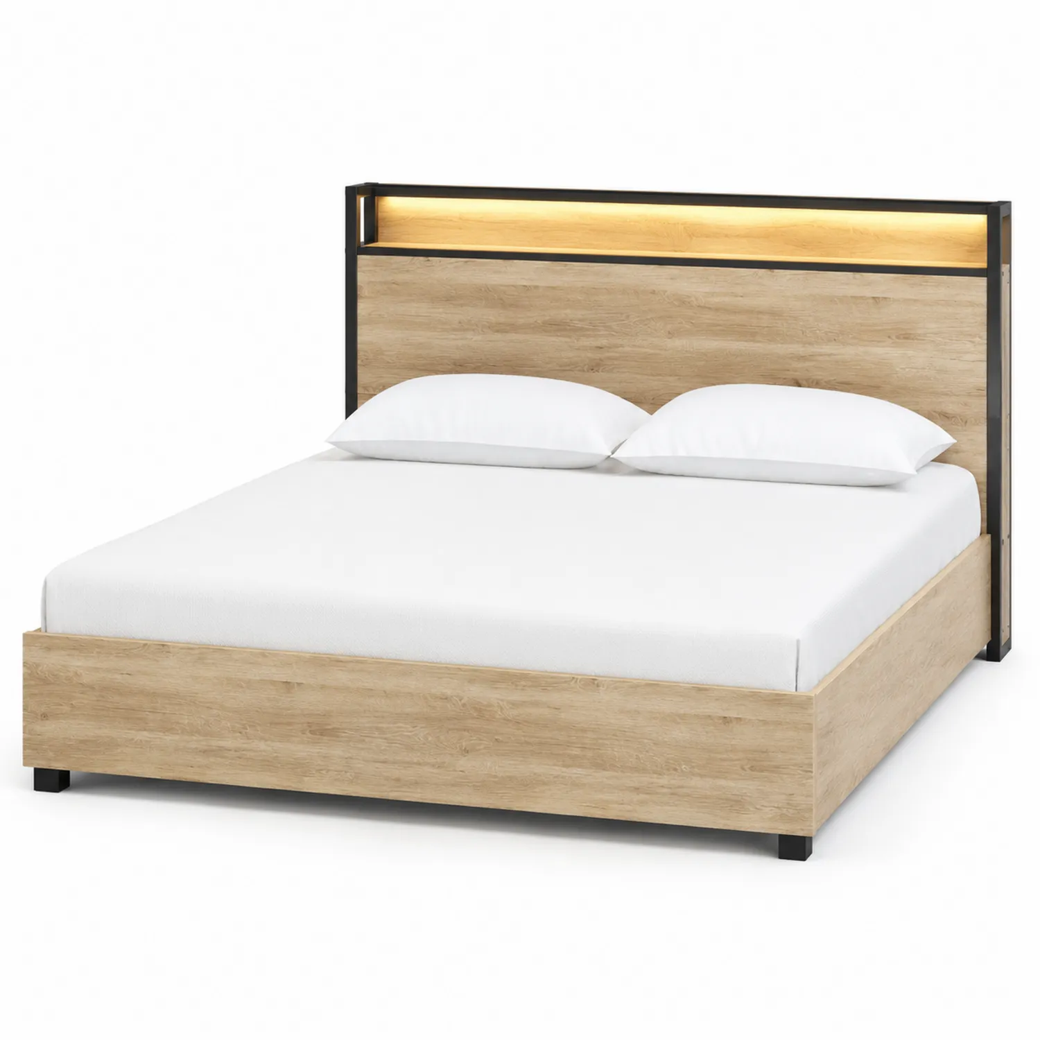 Lit double en métal et bois avec tête de lit éclairage intégrée 200x160 cm