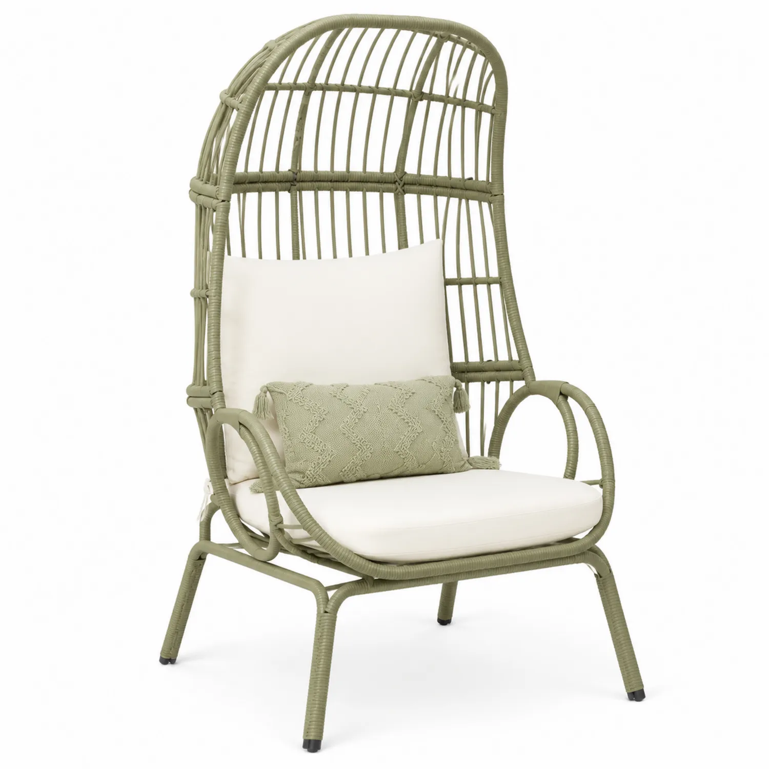 Fauteuil en rotin vert avec coussins crème pour extérieur