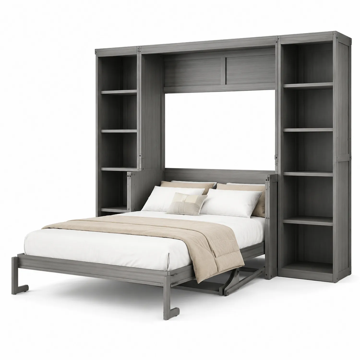 Lit escamotable en bois gris avec rangements intégrés