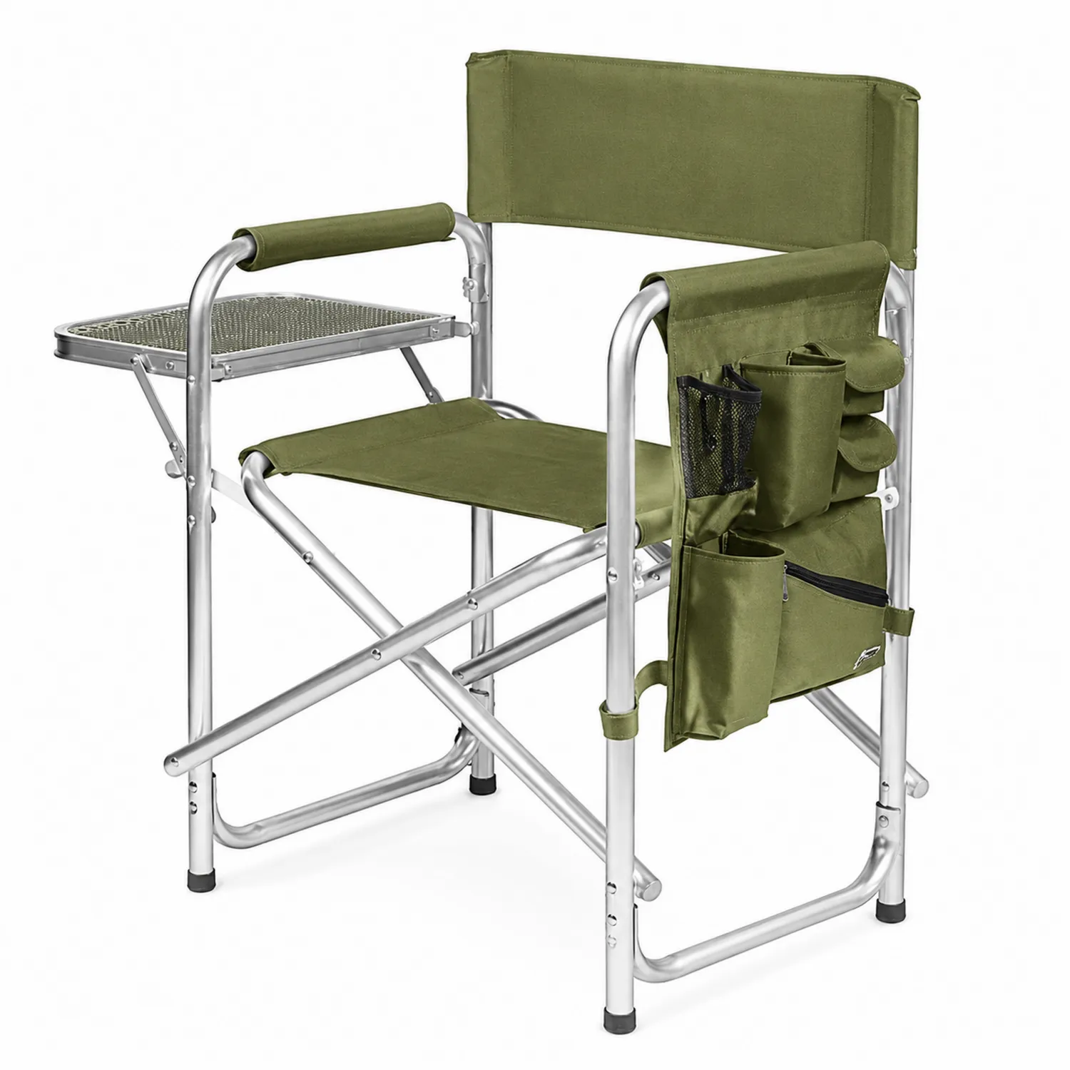 Chaise de camping pliante en aluminium avec tablette et poches vertes